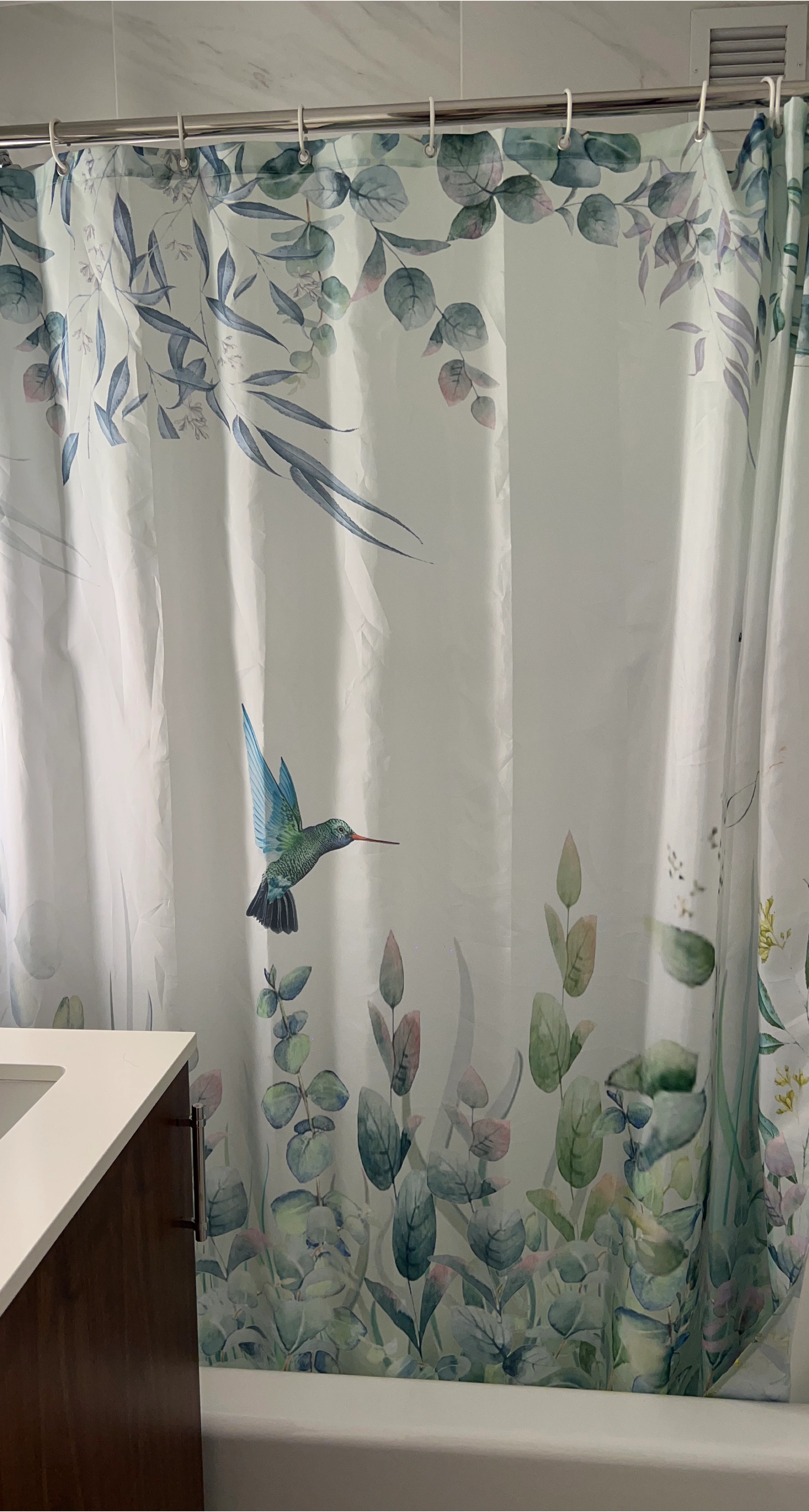 Fabric Shower Curtain with Hummingbird and Botanical Print