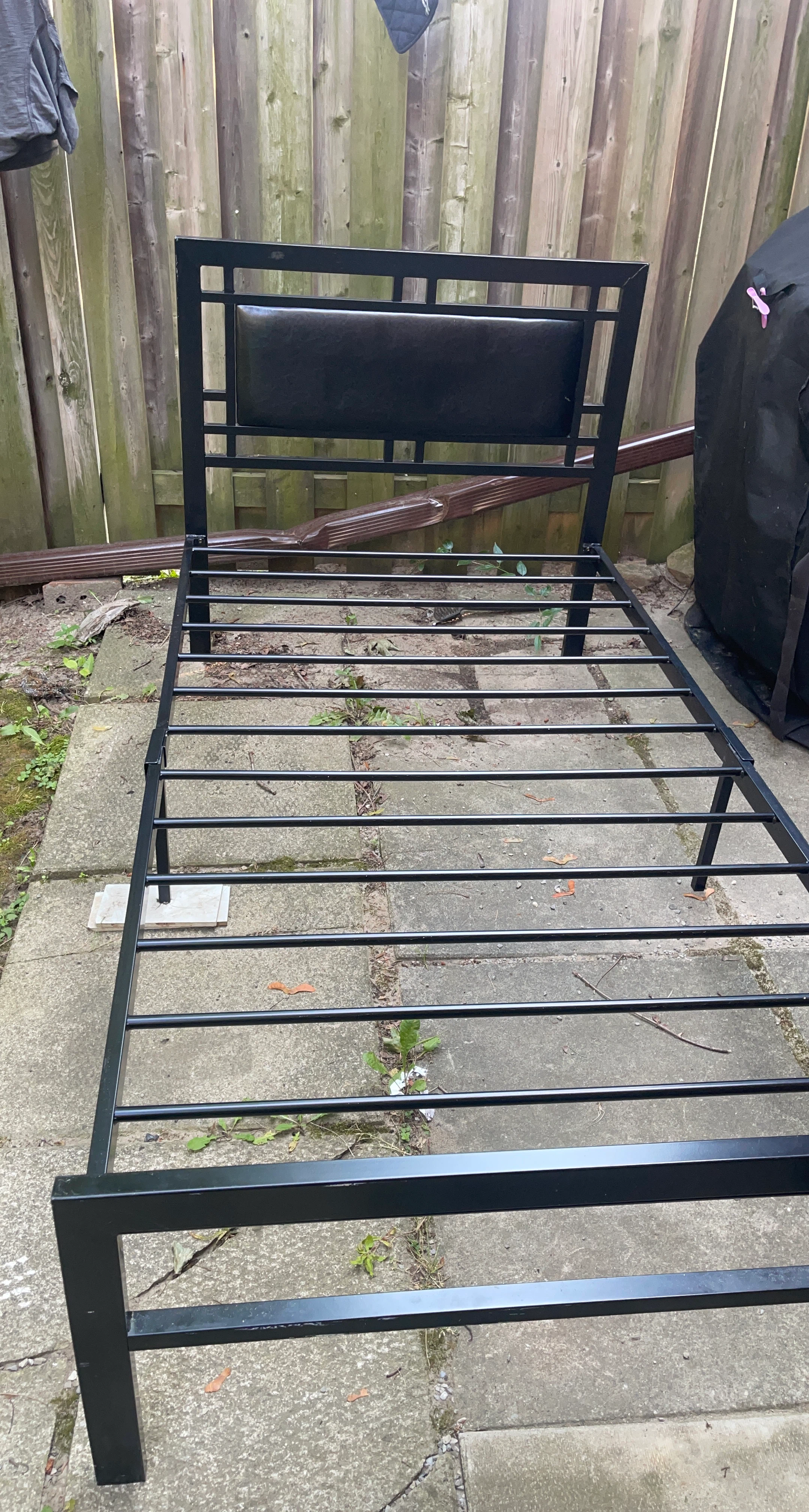 Black Metal Bed Frame with Faux Leather Headboard