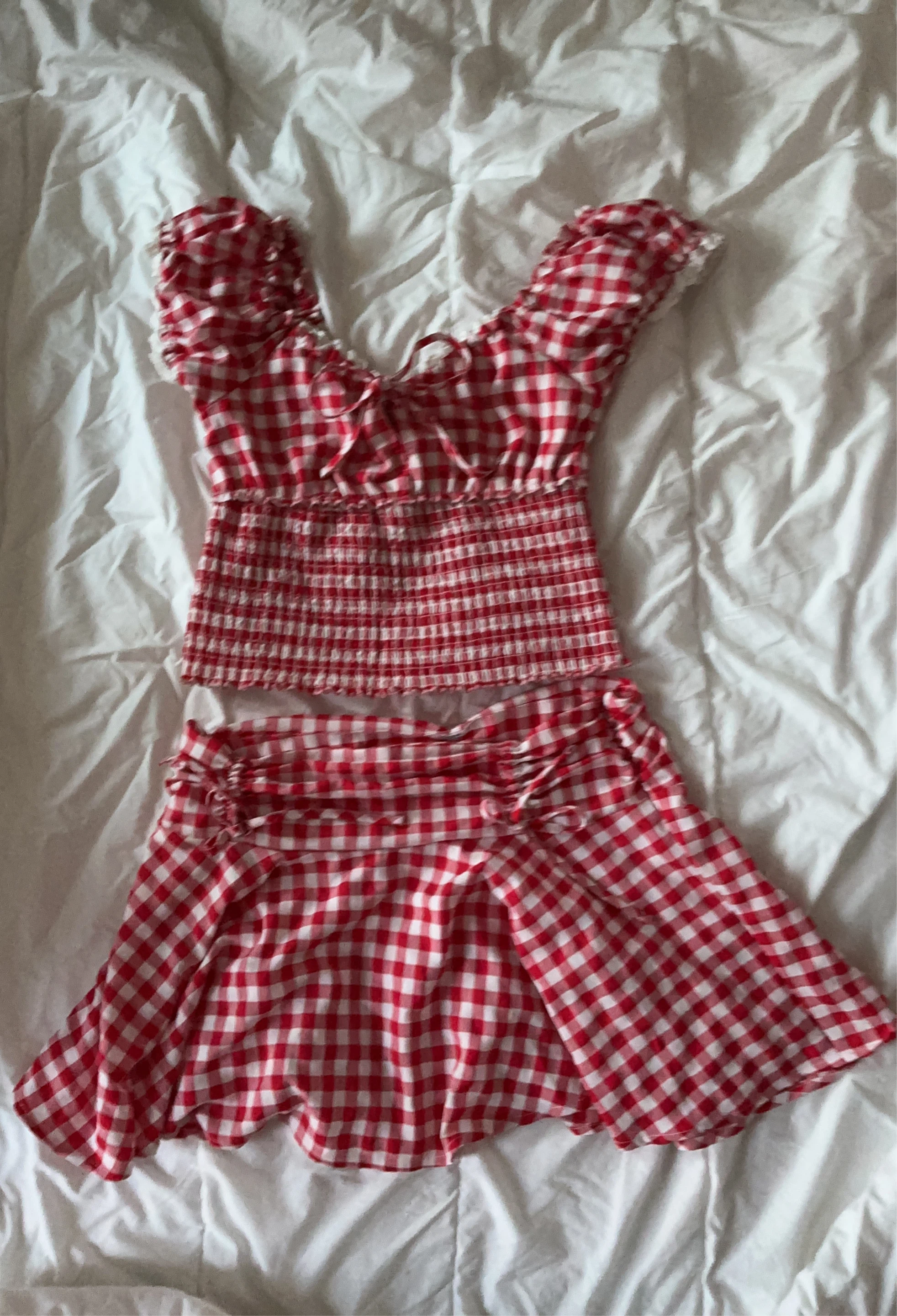 Red Gingham Crop Top and Skirt Set