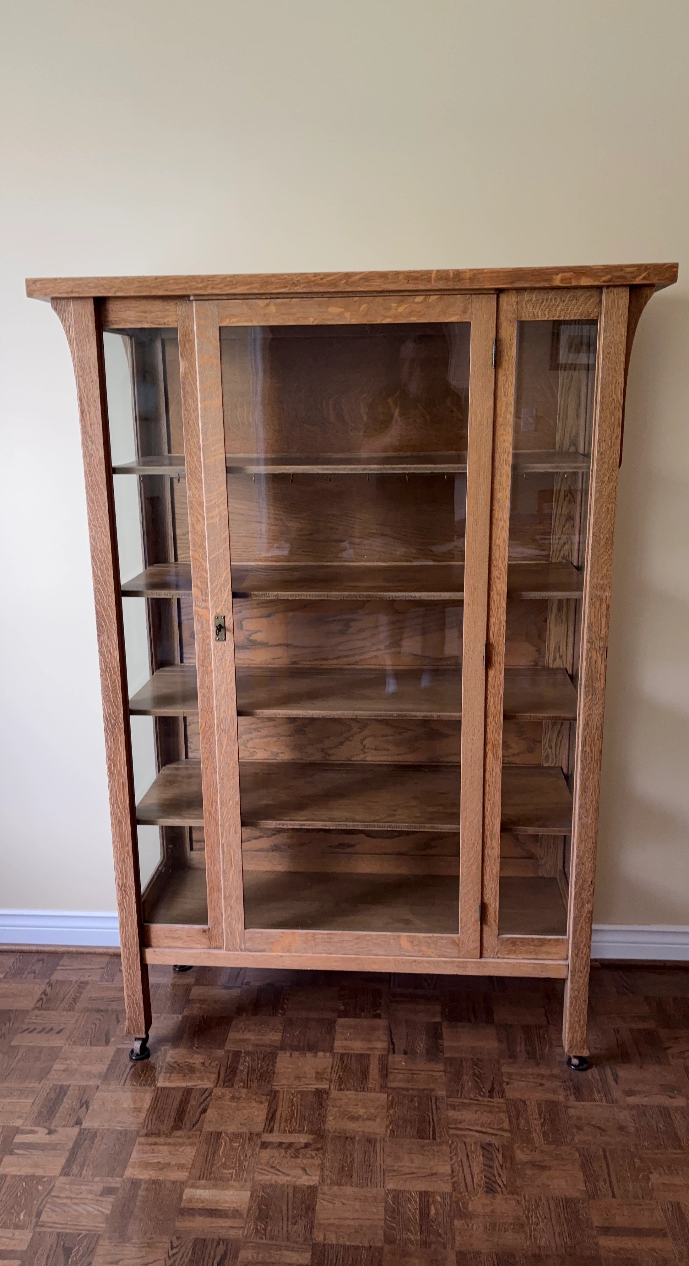 Antique Mission Oak Glass China Cabinet with Key