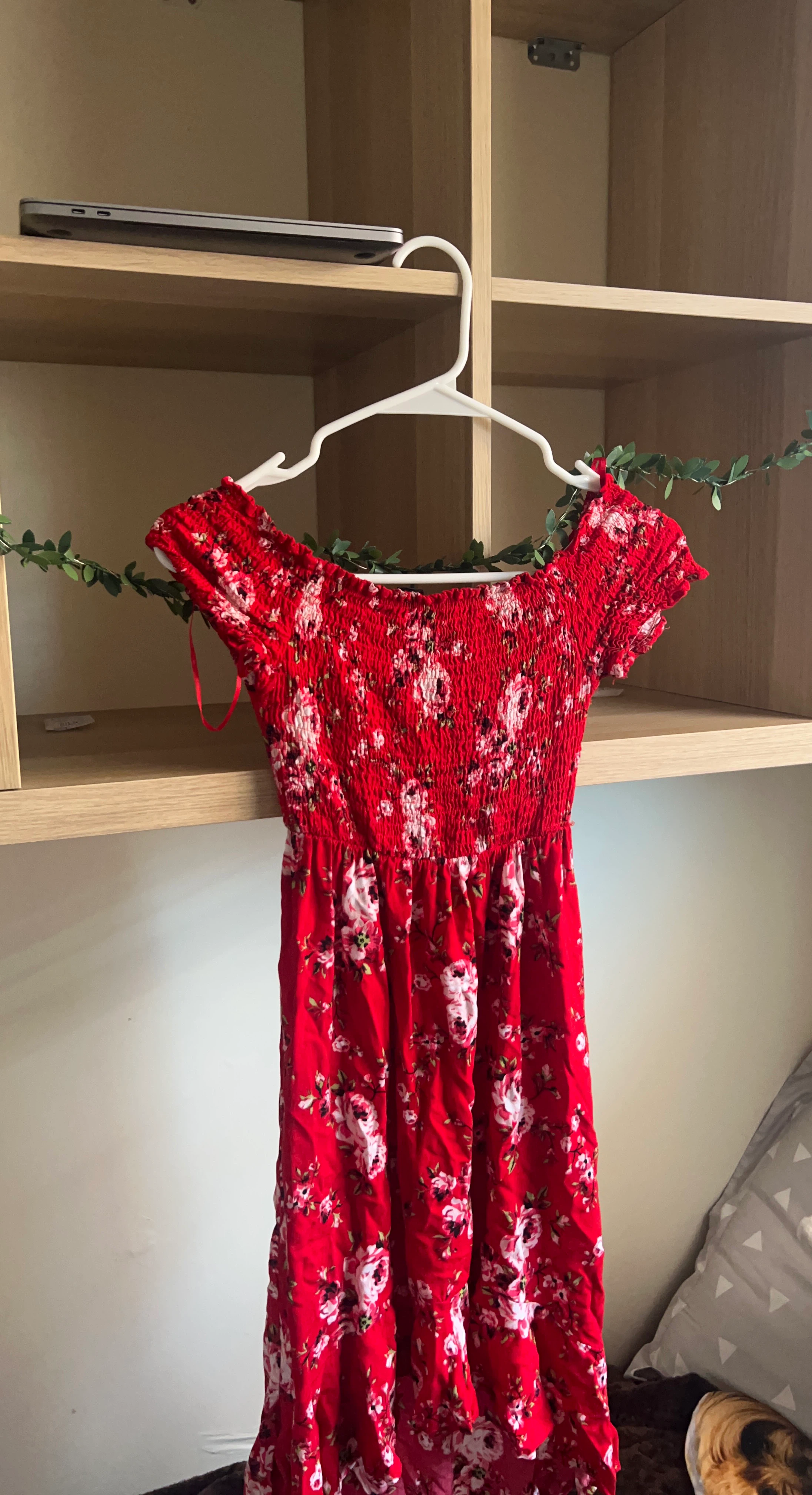 Women's Red Floral Smocked Off-Shoulder Dress