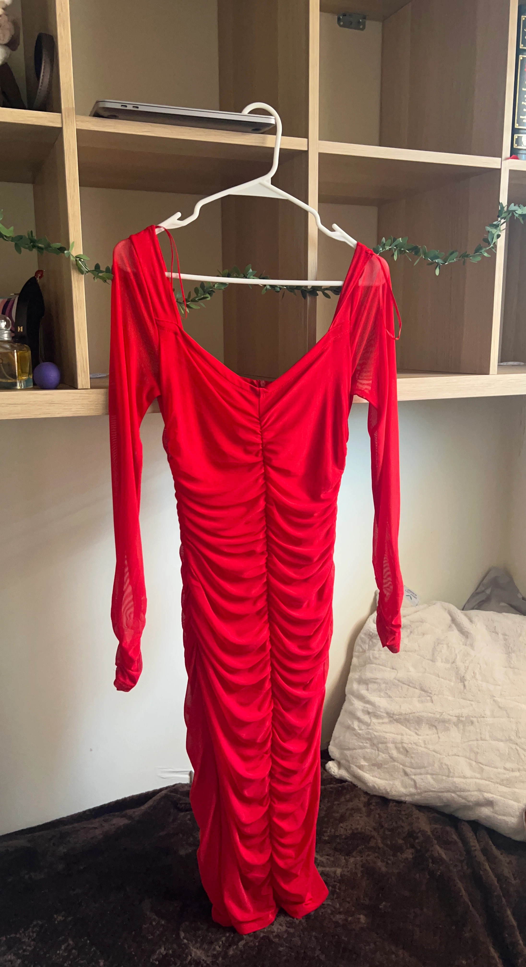 Revamped Red Ruched Mesh Dress