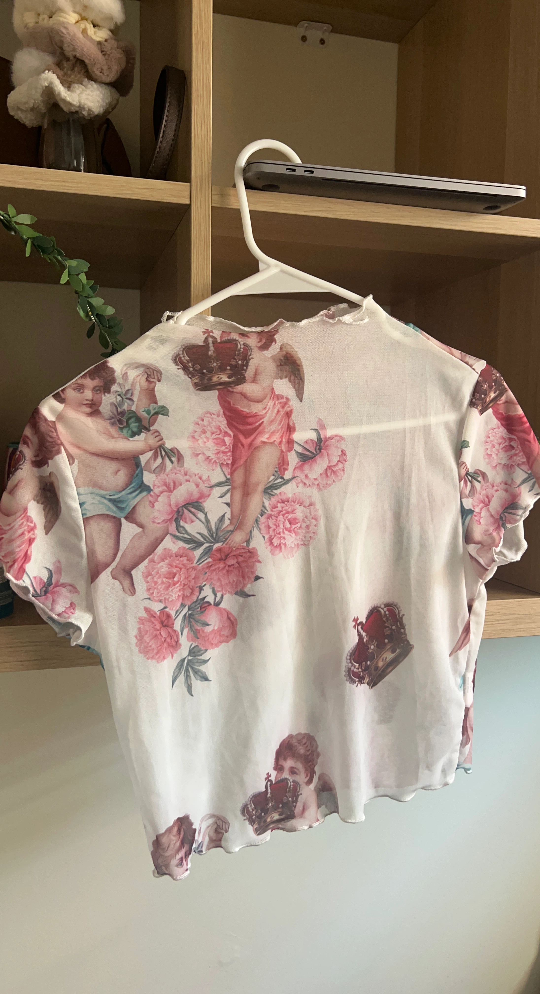 Sheer Mesh Top with Cherub and Crown Print