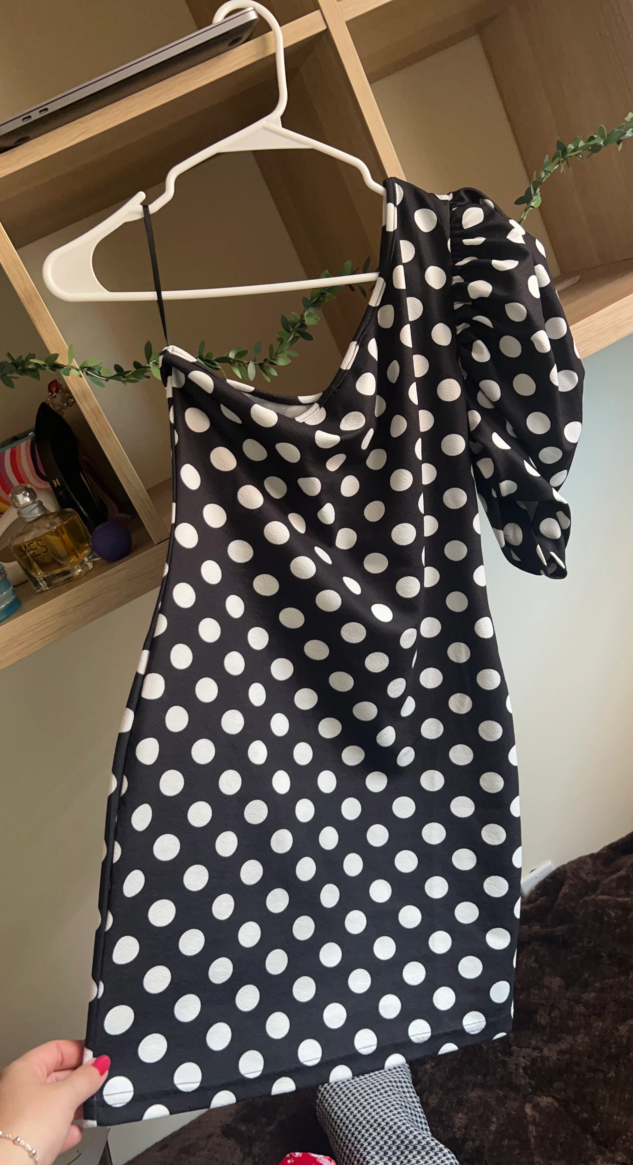 Black and White Polka Dot One Shoulder Dress