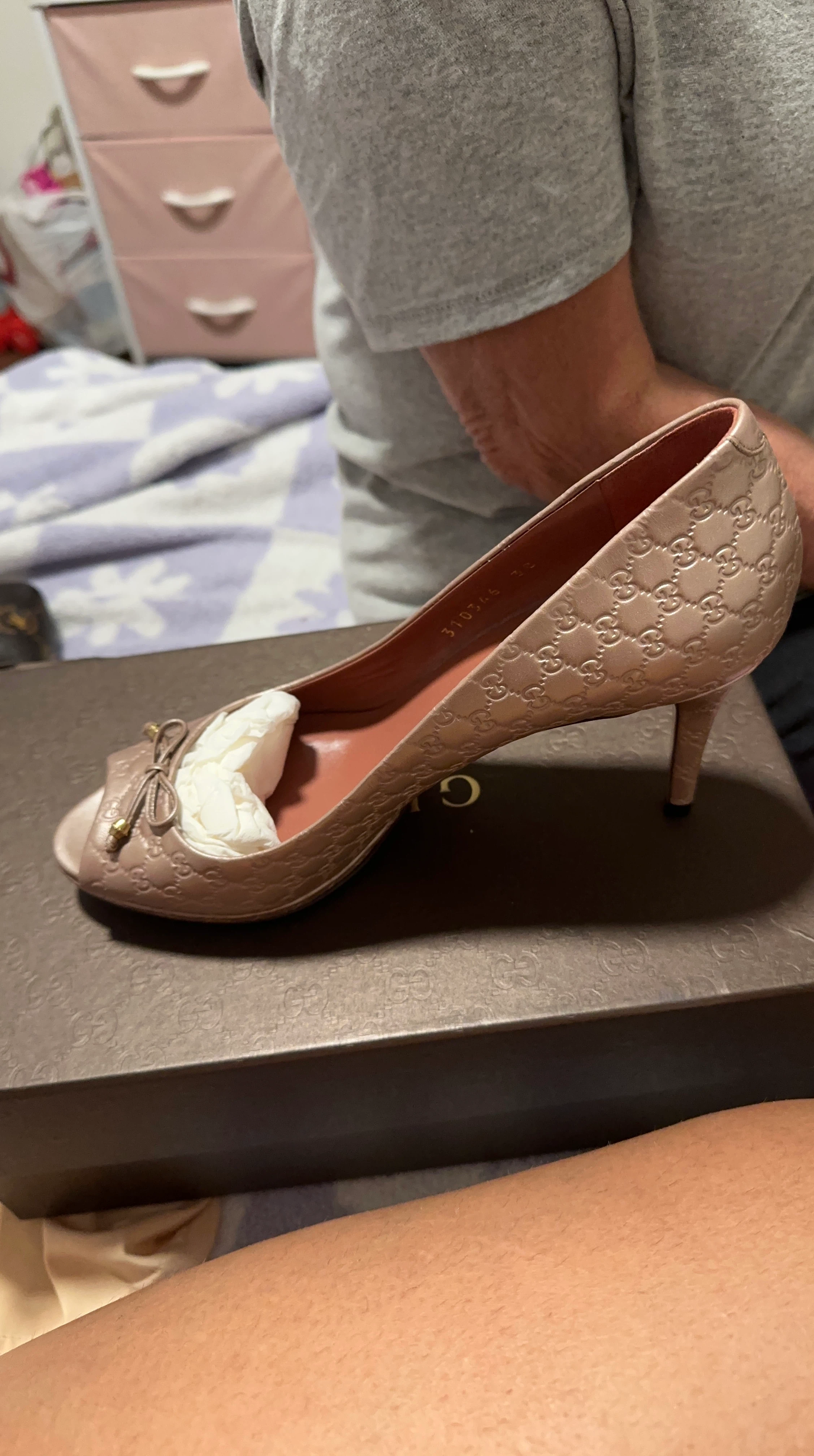 Gucci Pink Monogram Peep-Toe Heels