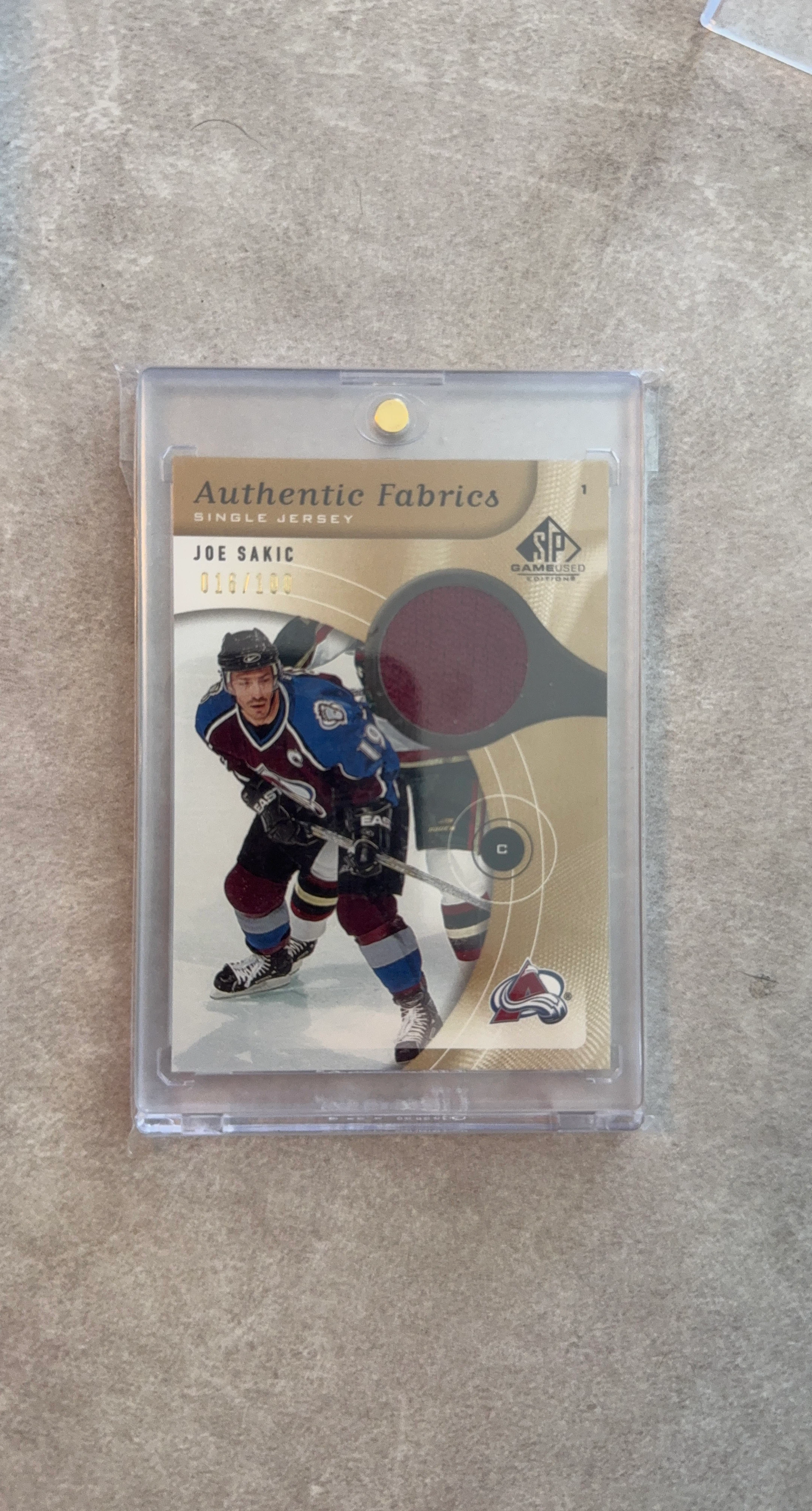 Joe Sakic Authentic Fabrics Single Jersey Card 016/100