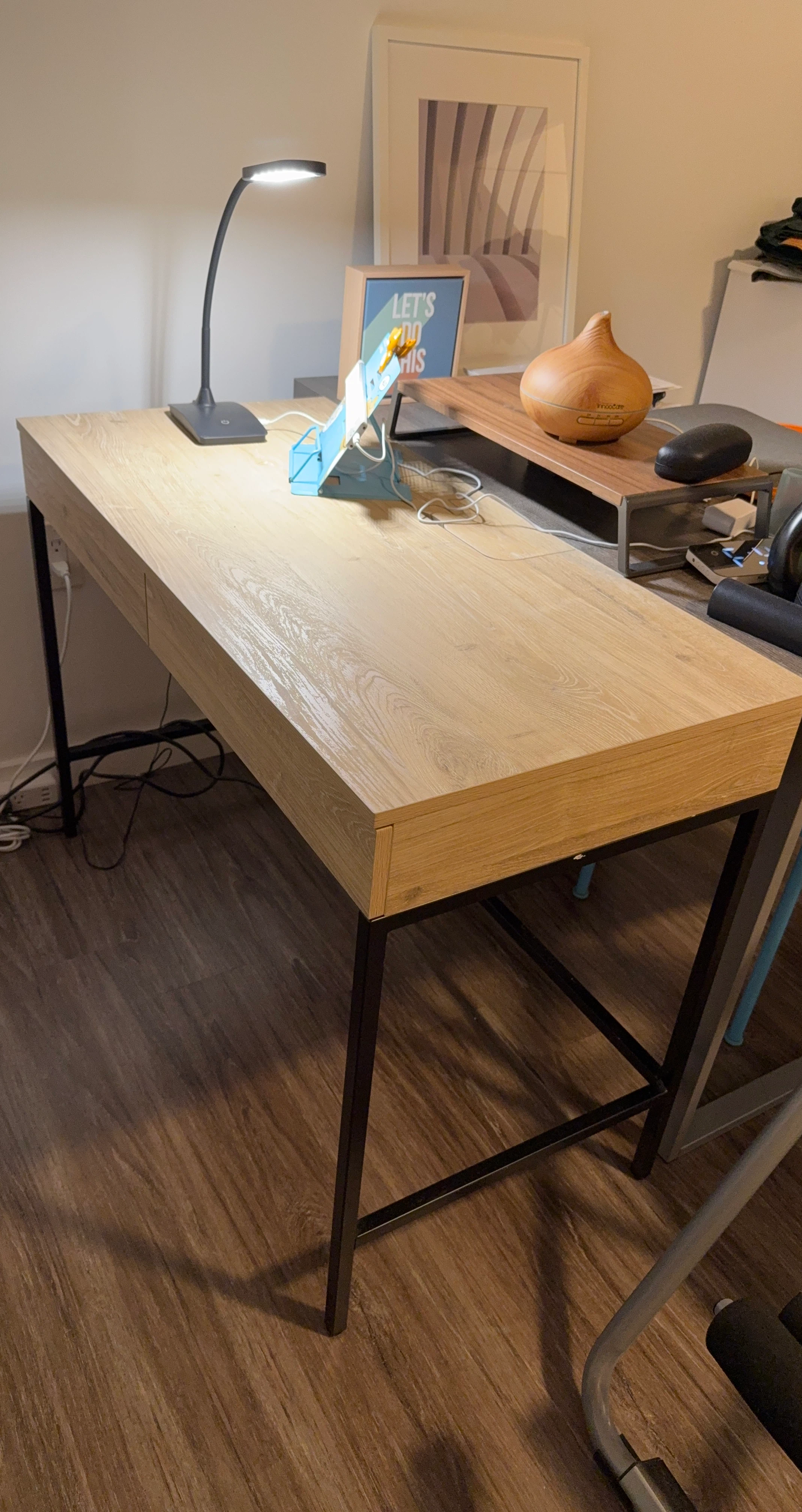 Wood Grain Desk with Drawers and Built-in Outlet