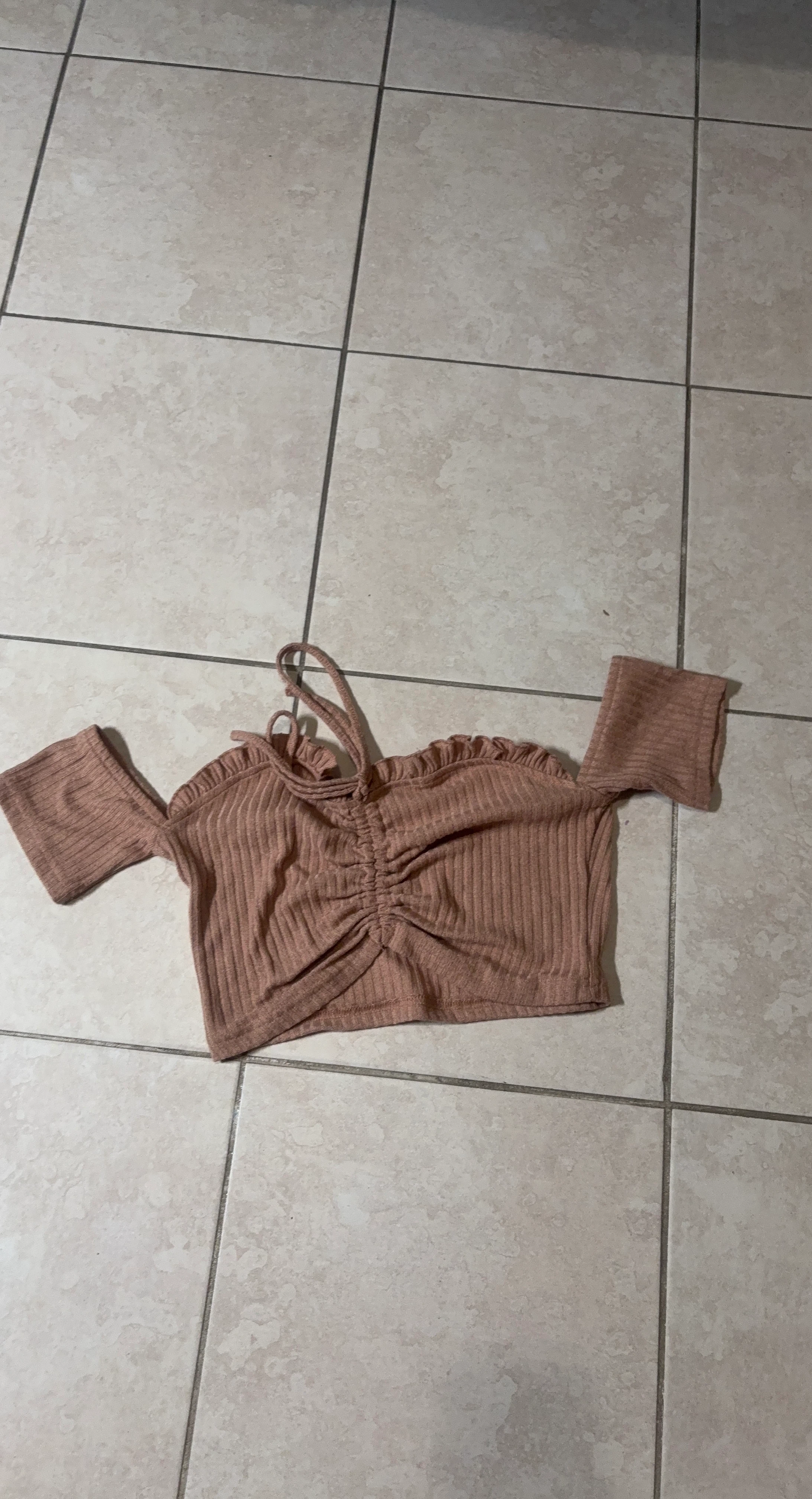 Brown ribbed off-the-shoulder crop top