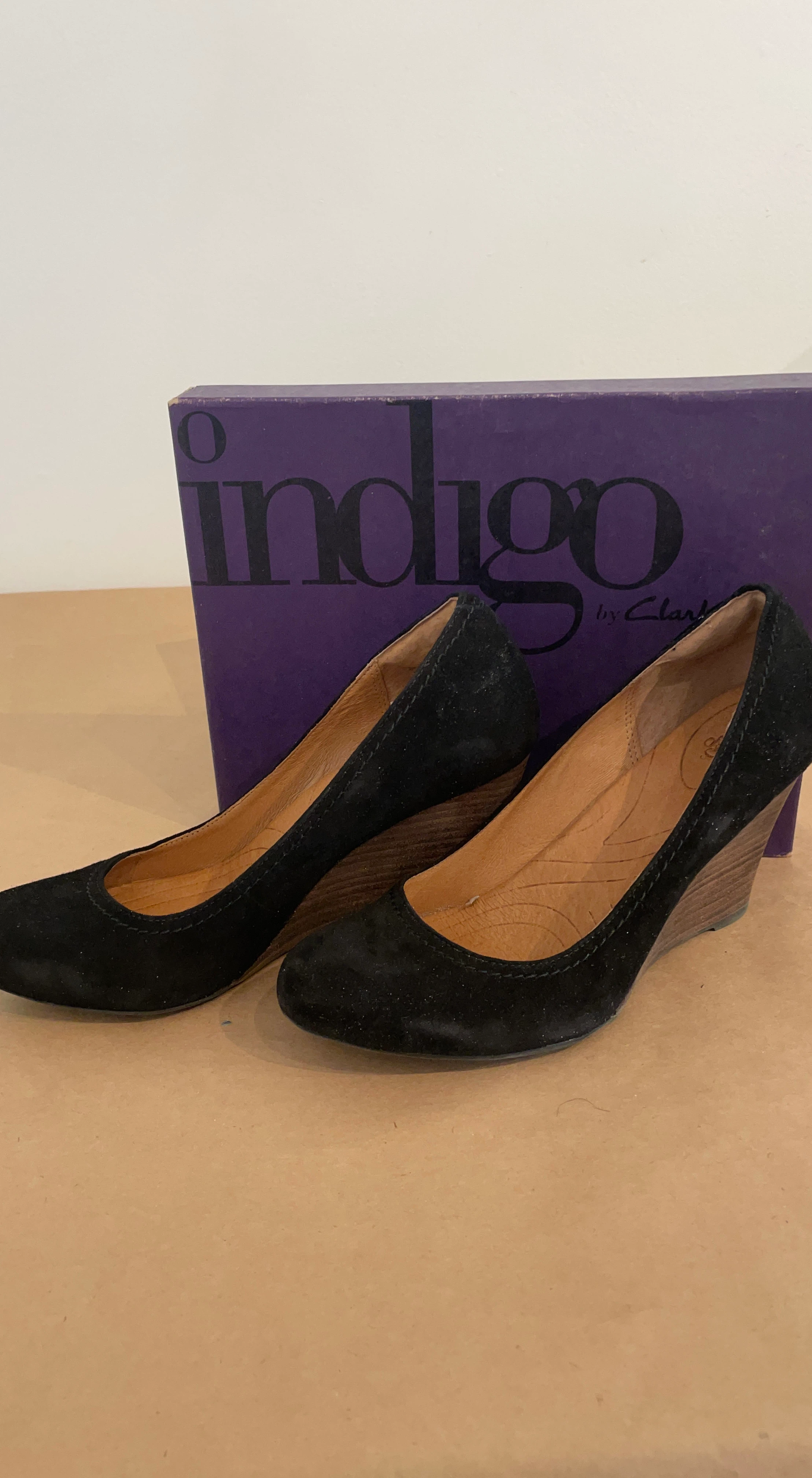 Clarks Indigo Black Suede Wedge Heels