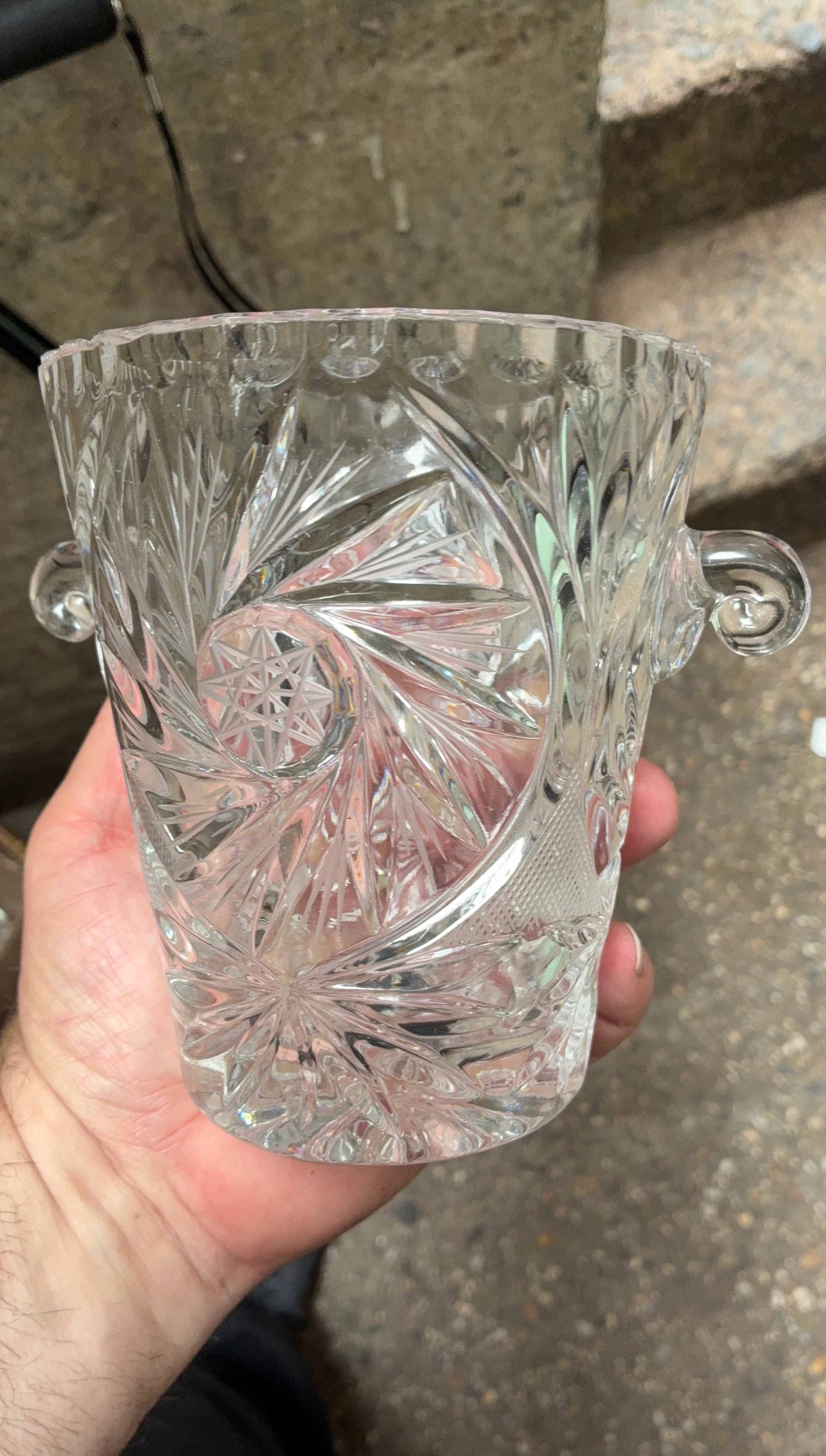 Clear Crystal Cut Glass Ice Bucket with Handles