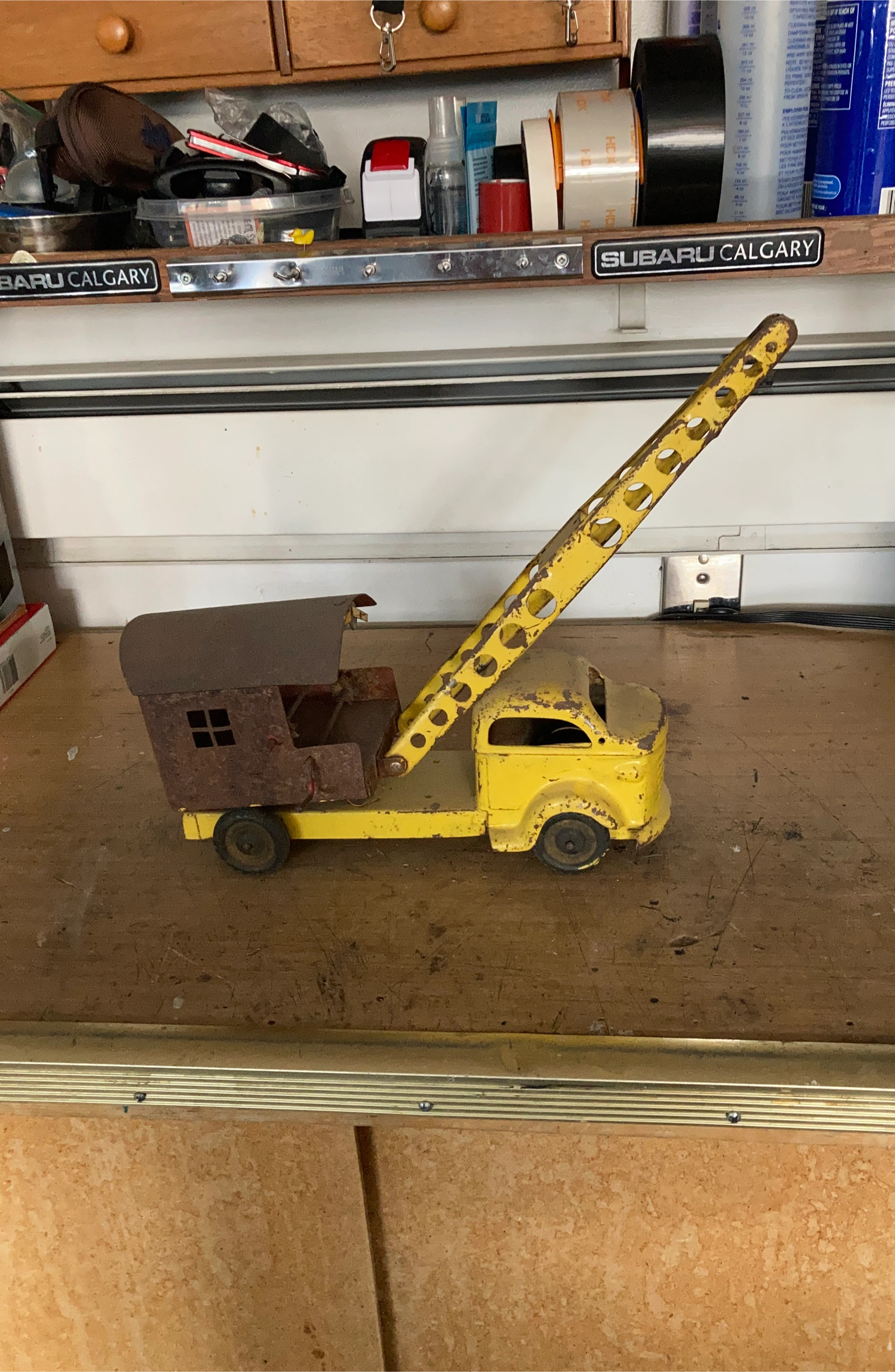 Vintage Yellow Pressed Steel Crane Truck Toy