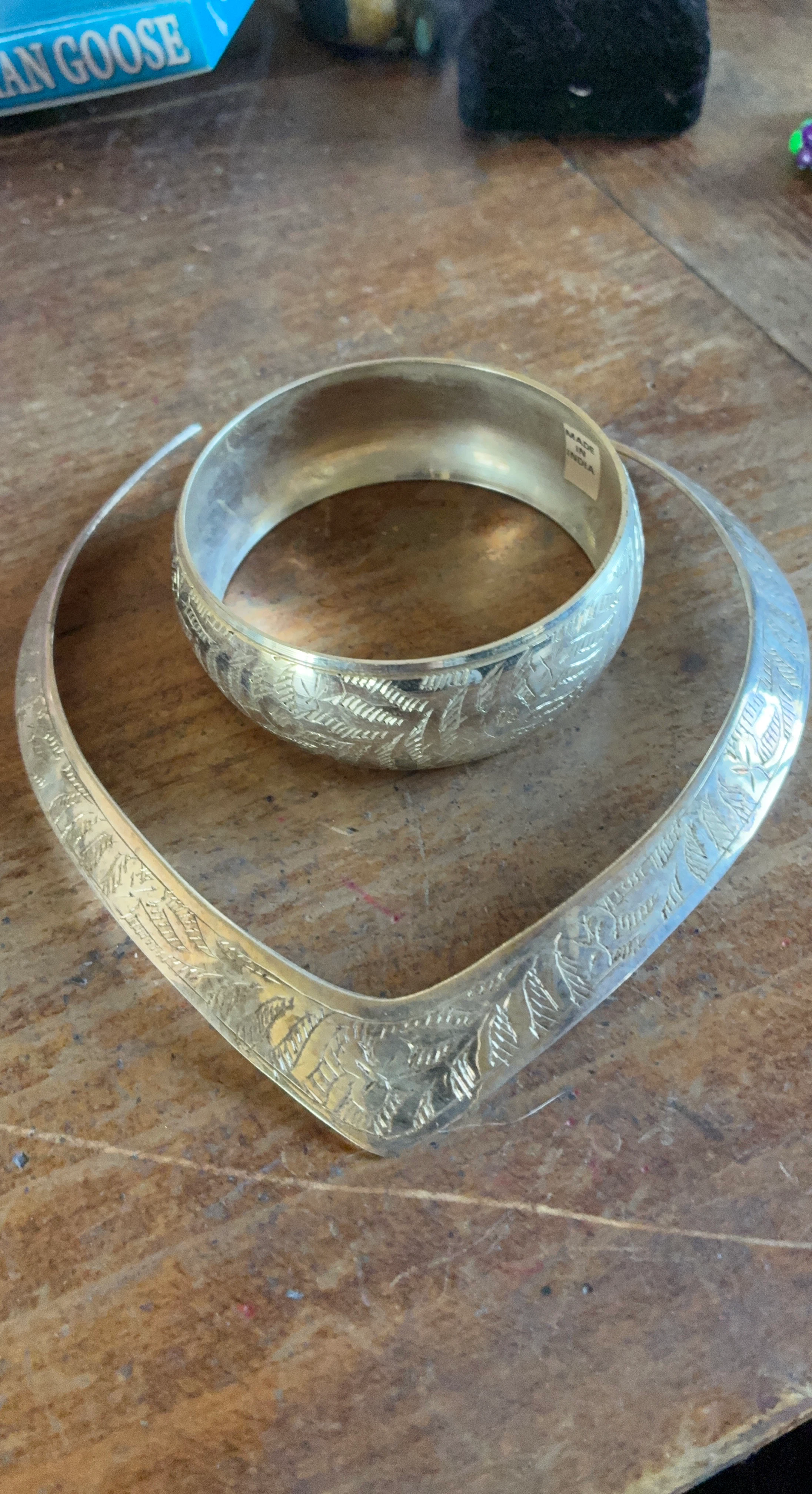 Silver Toned Engraved Choker Necklace and Bangle Set