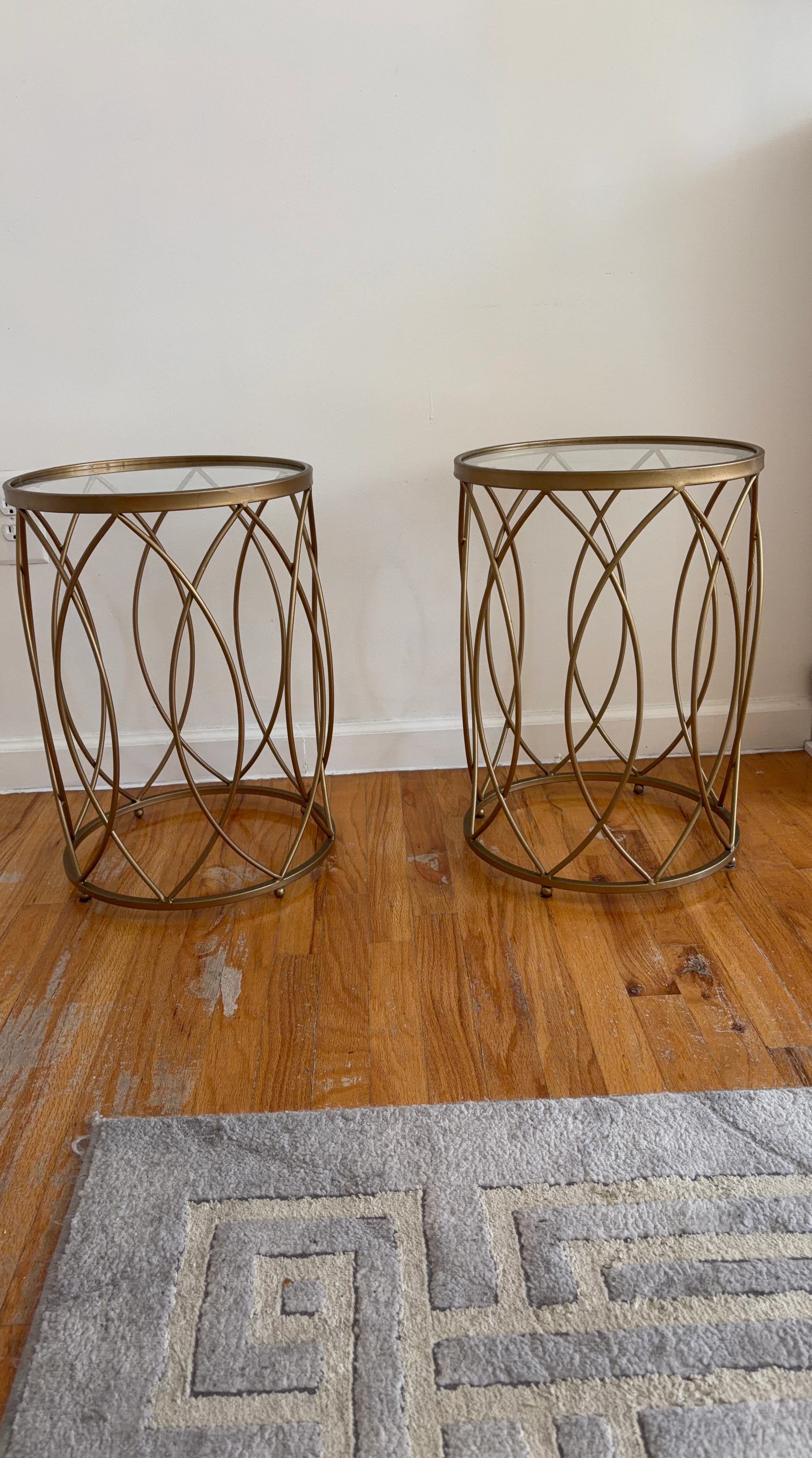 Set of 2 Gold Metal Round Accent Tables with Glass Tops