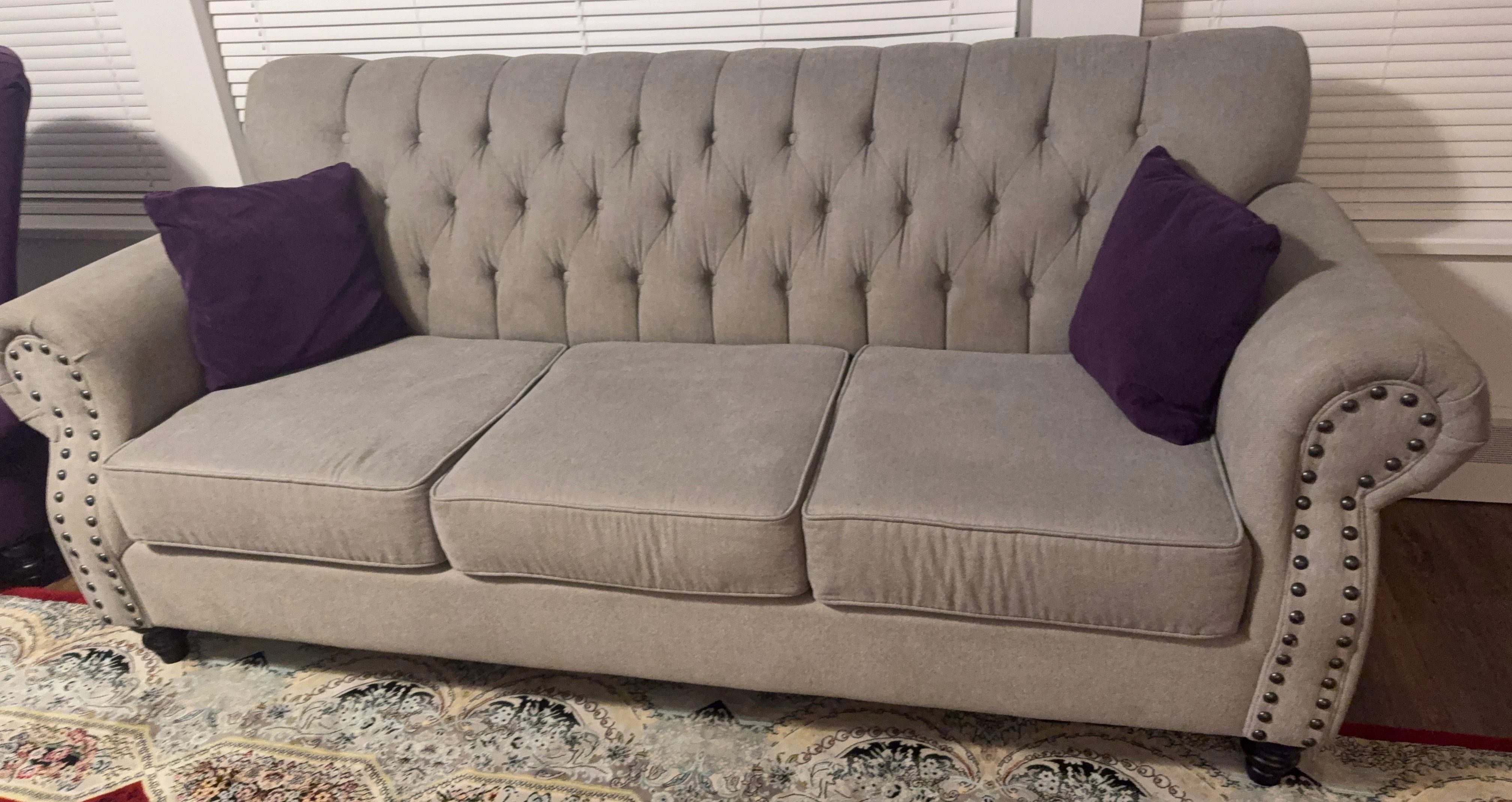 Grey Tufted Sofa with Studded Arms