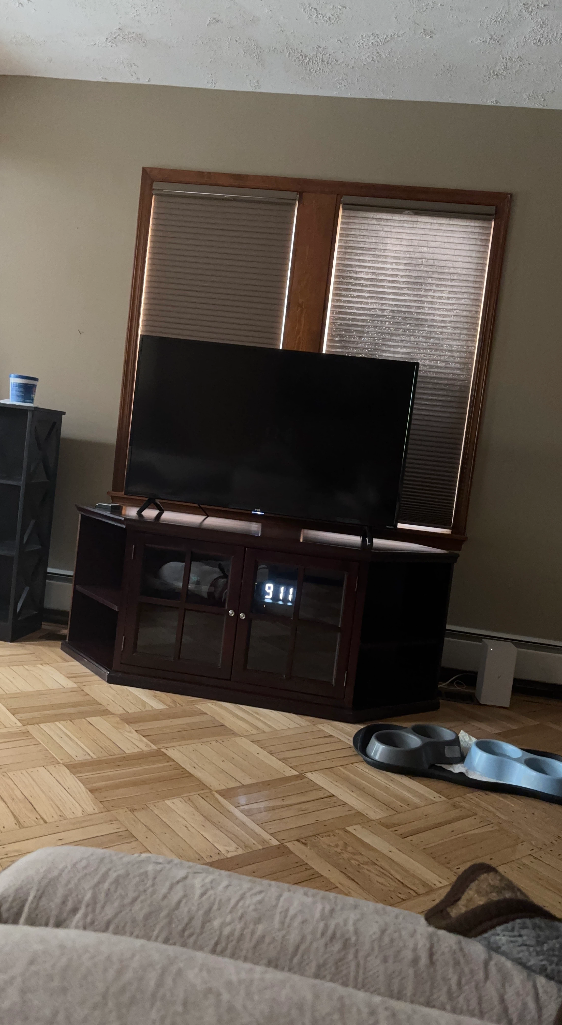 Dark Wood TV Stand with Glass Doors