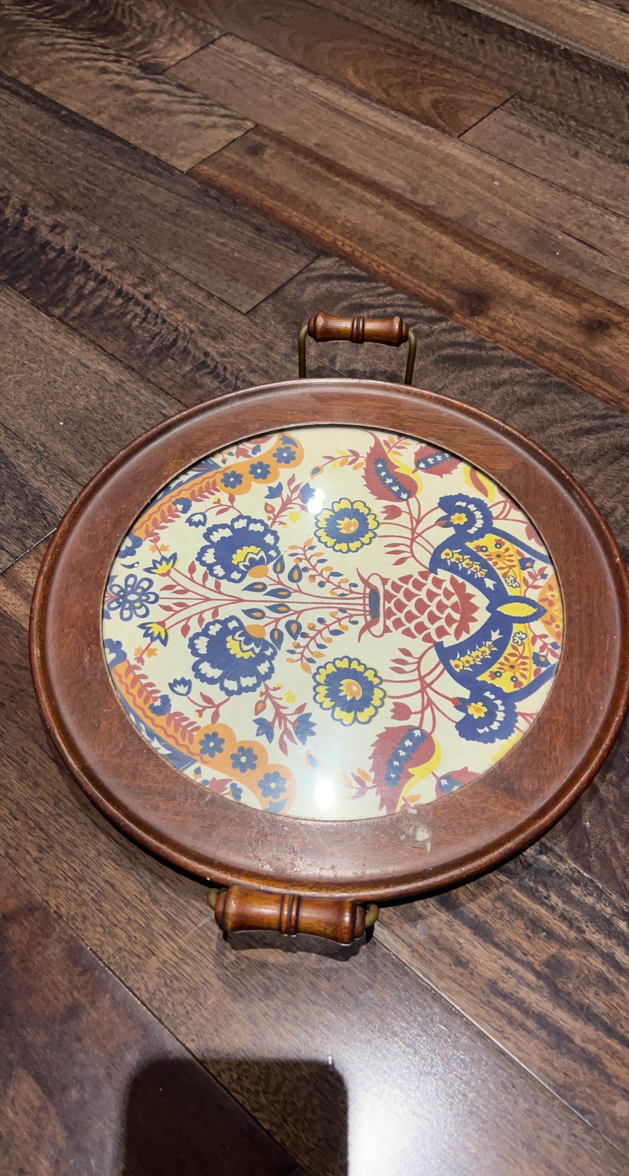 Vintage Wood Serving Tray with Floral Design
