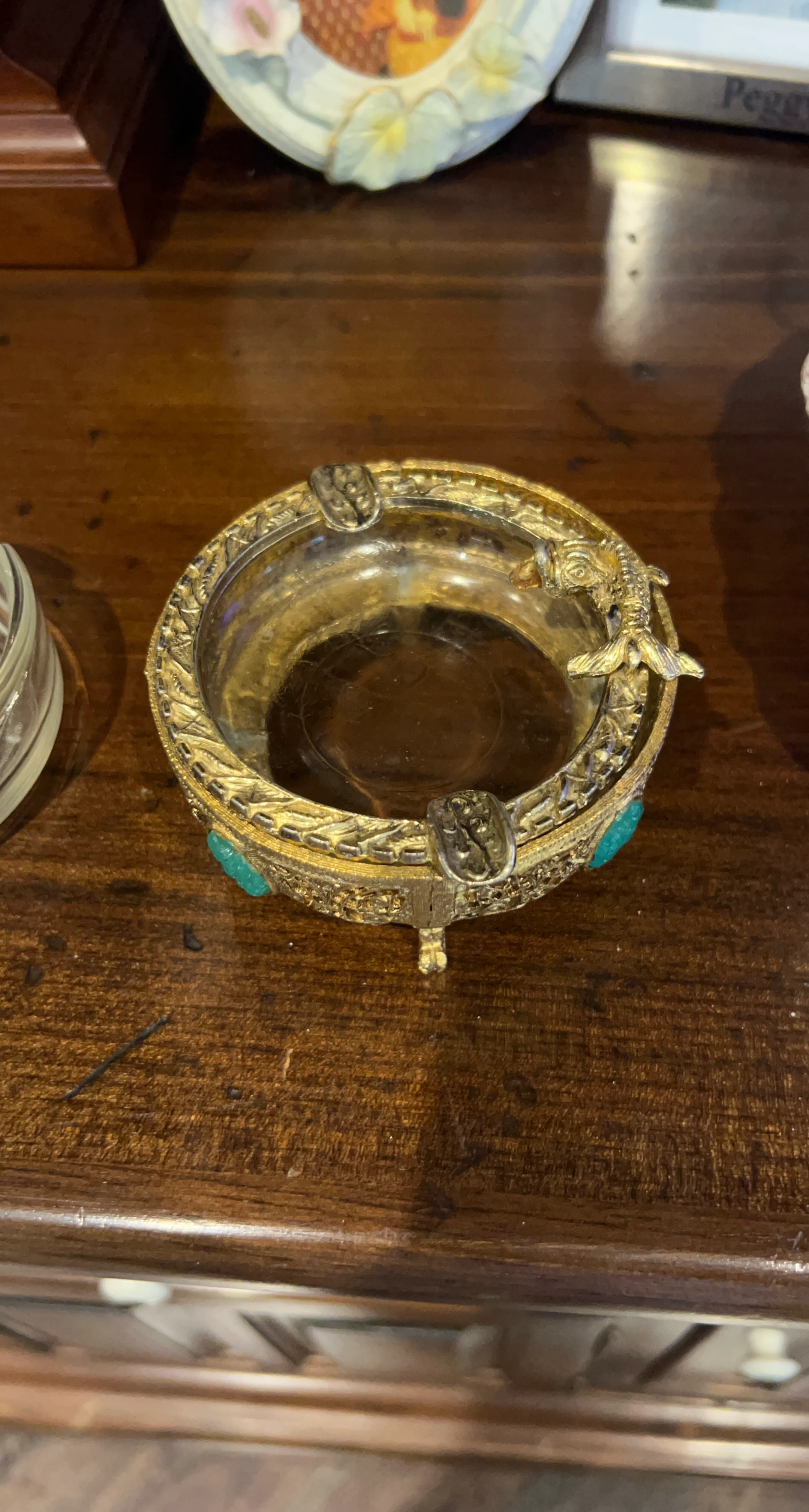 Ornate Gold-Toned Ashtray with Fish Accent