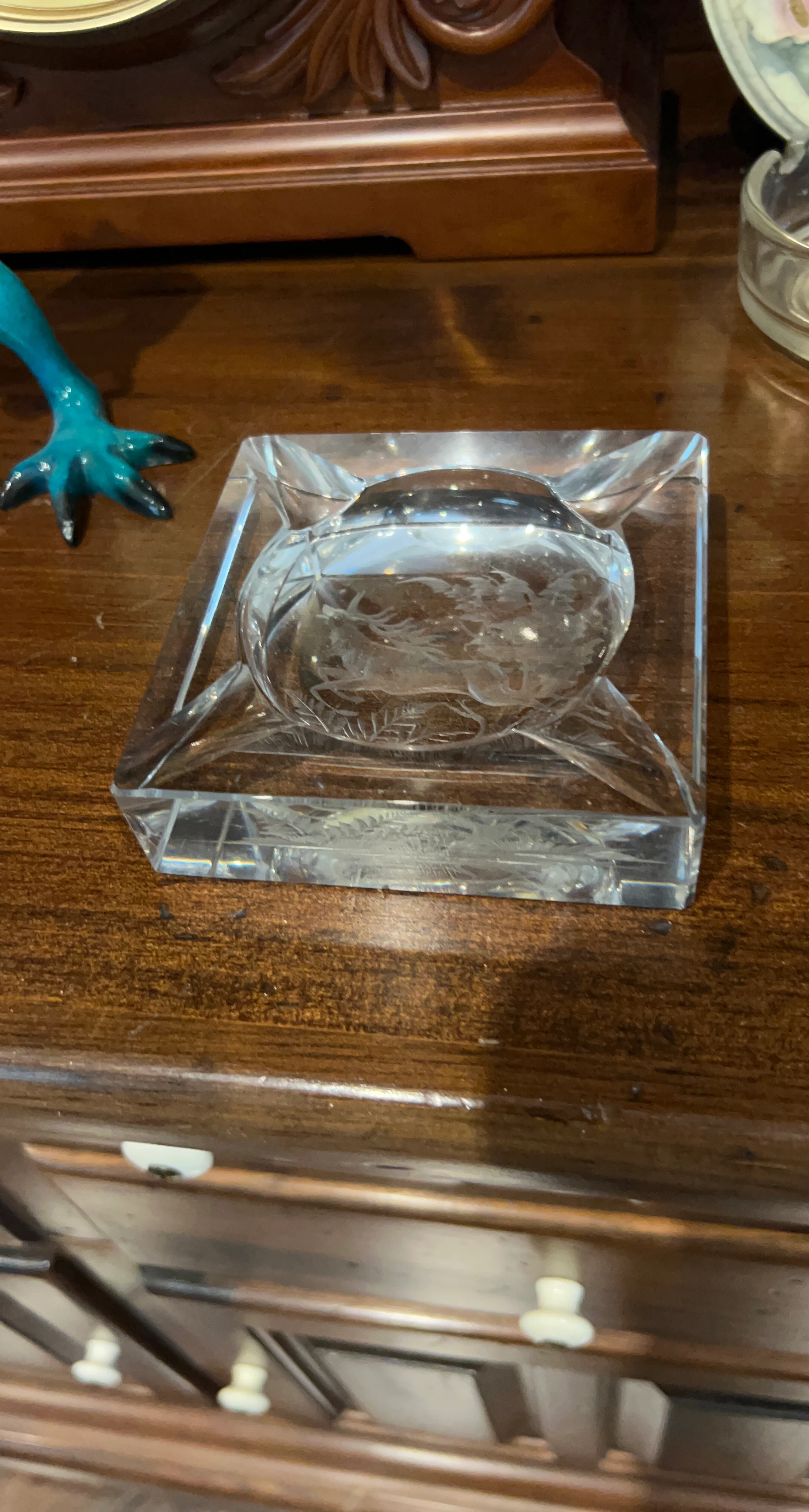 Crystal Ashtray with Etched Deer Scene
