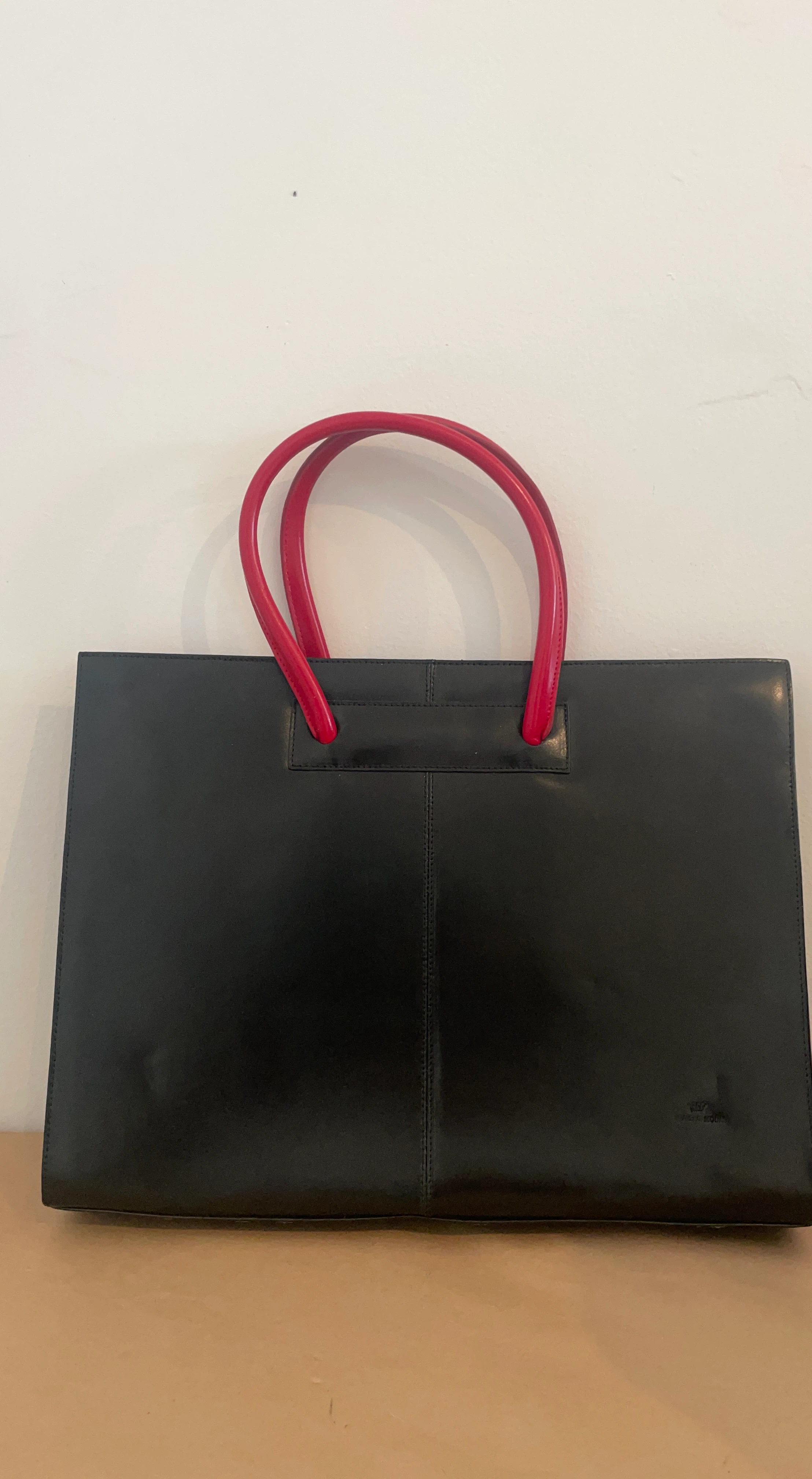 Black Leather Tote Bag with Red Handles