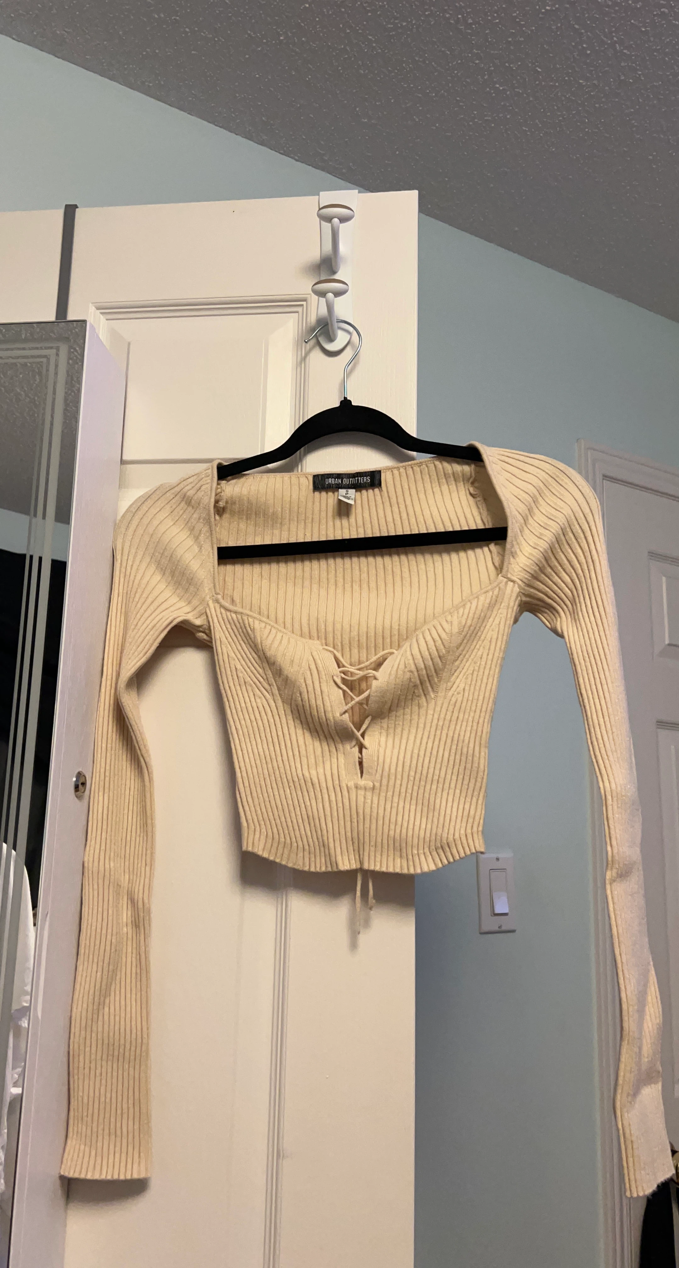 Urban Outfitters Cream Ribbed Lace-Up Crop Top