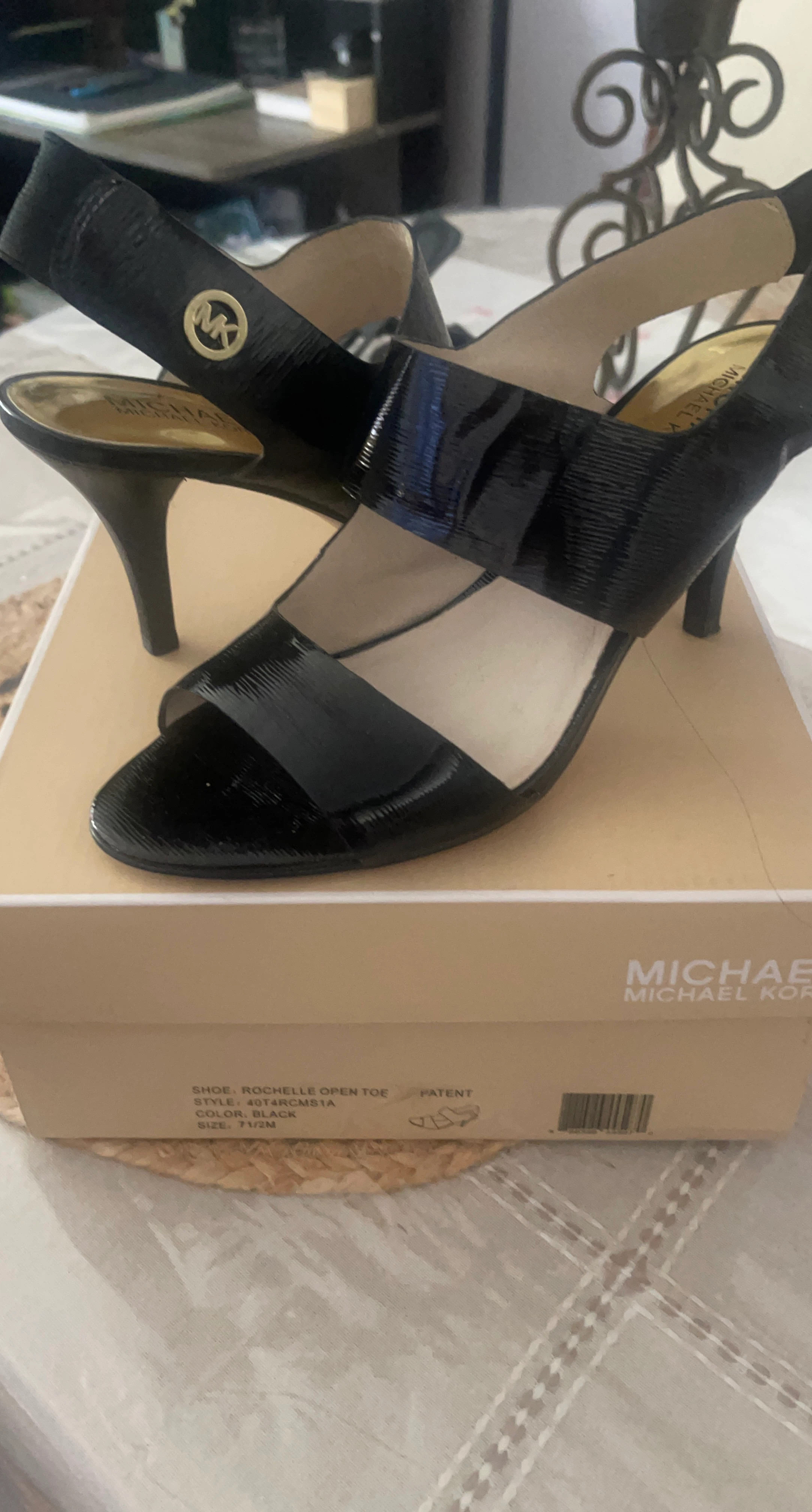 Michael Kors Black Patent Rochelle Open Toe Heels