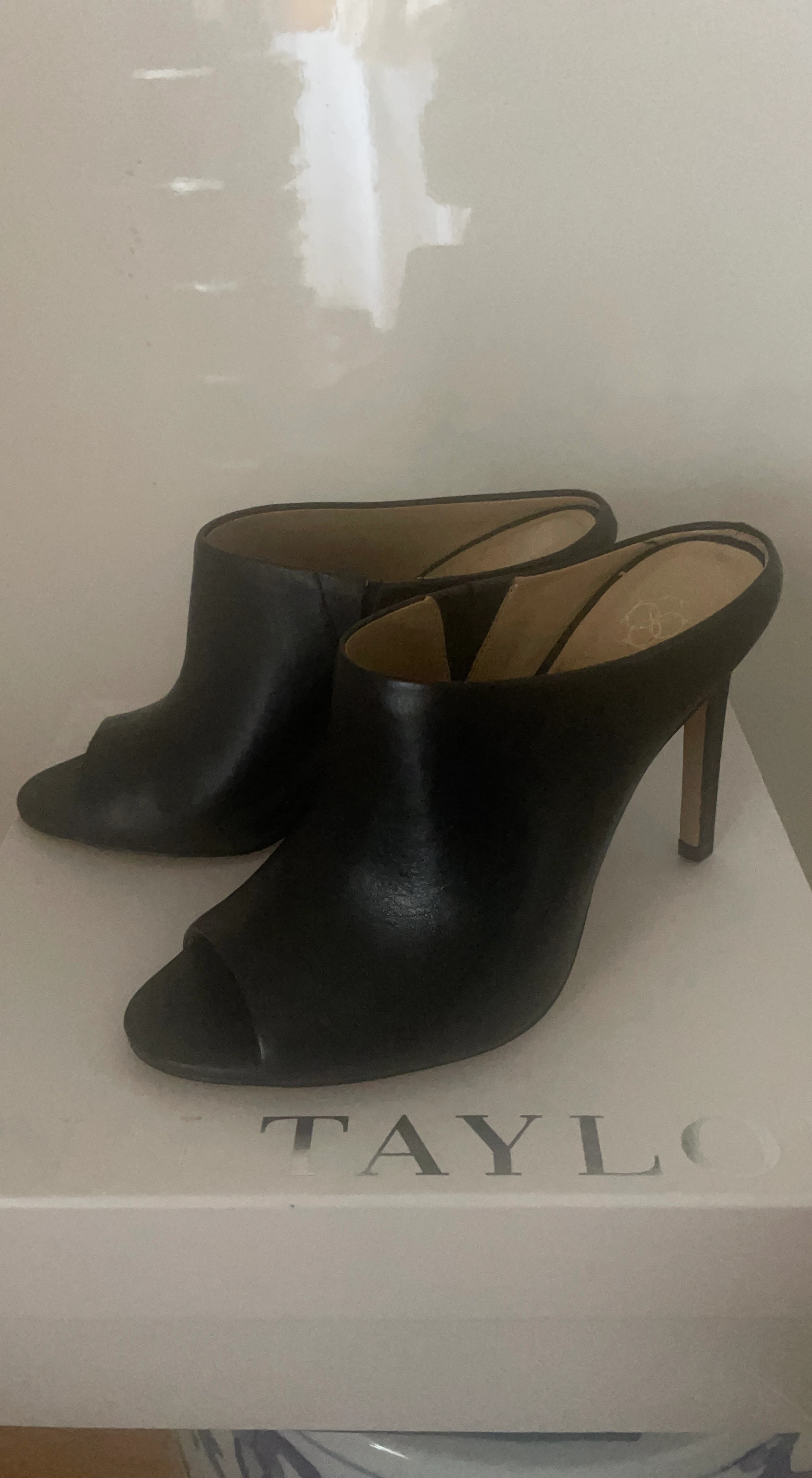 Black Peep-Toe Heeled Mules