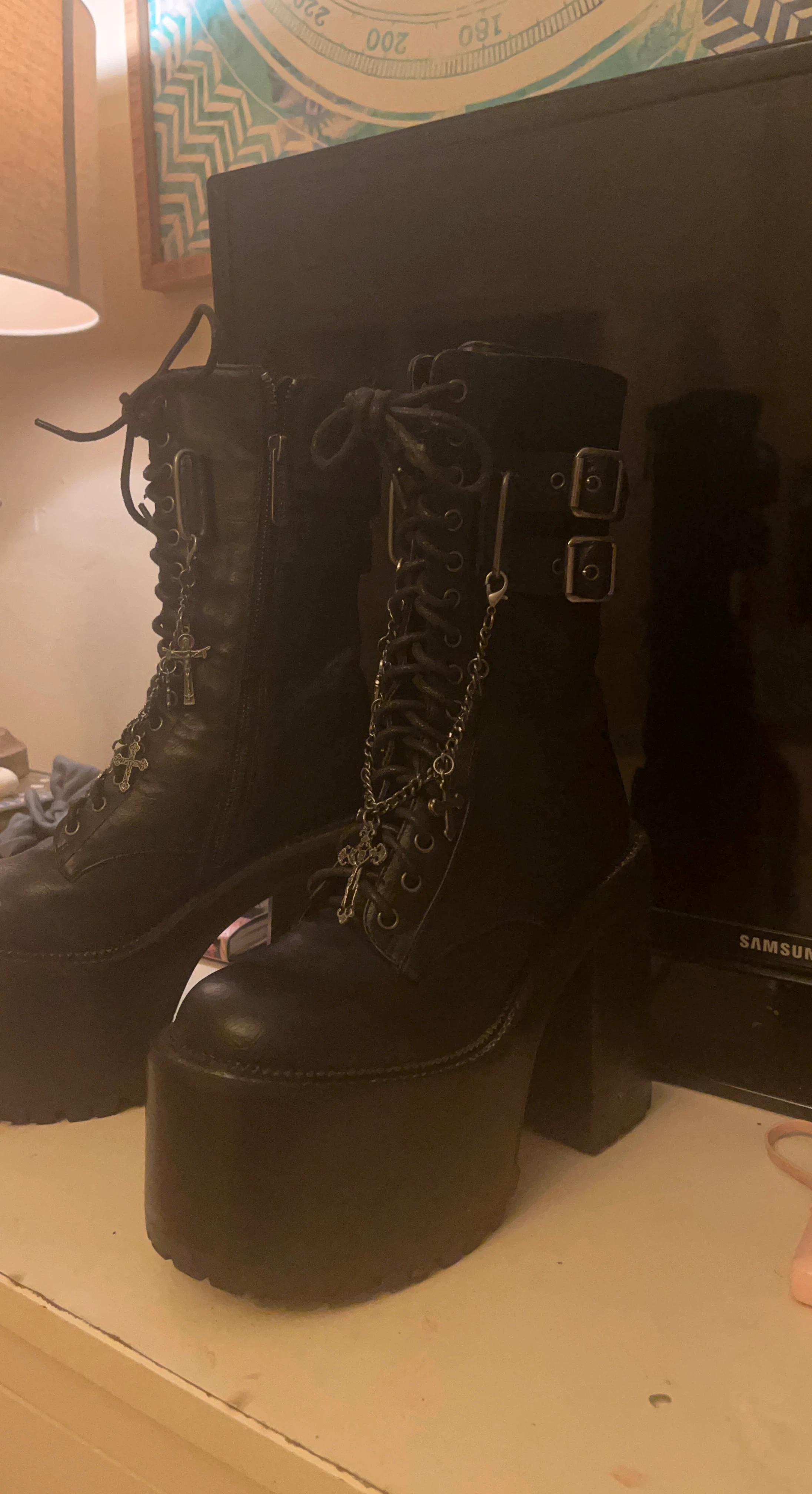 Black Platform Goth Boots with Cross Charms