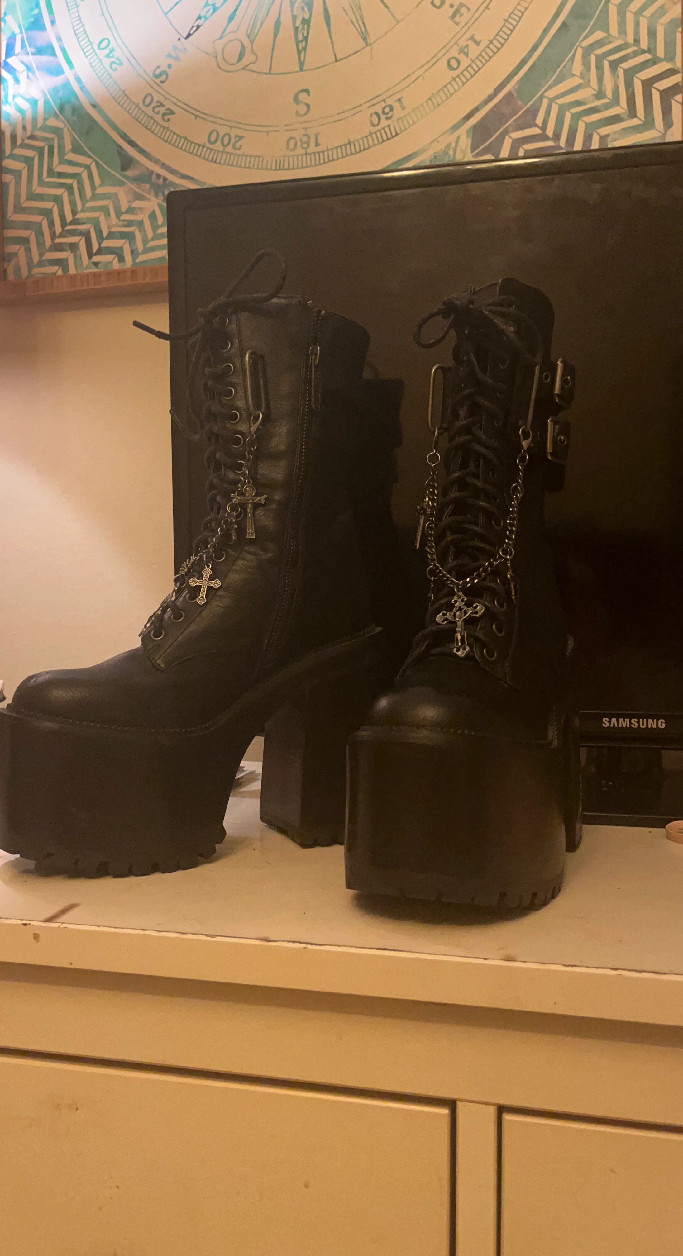 Black Platform Boots with Cross Charms