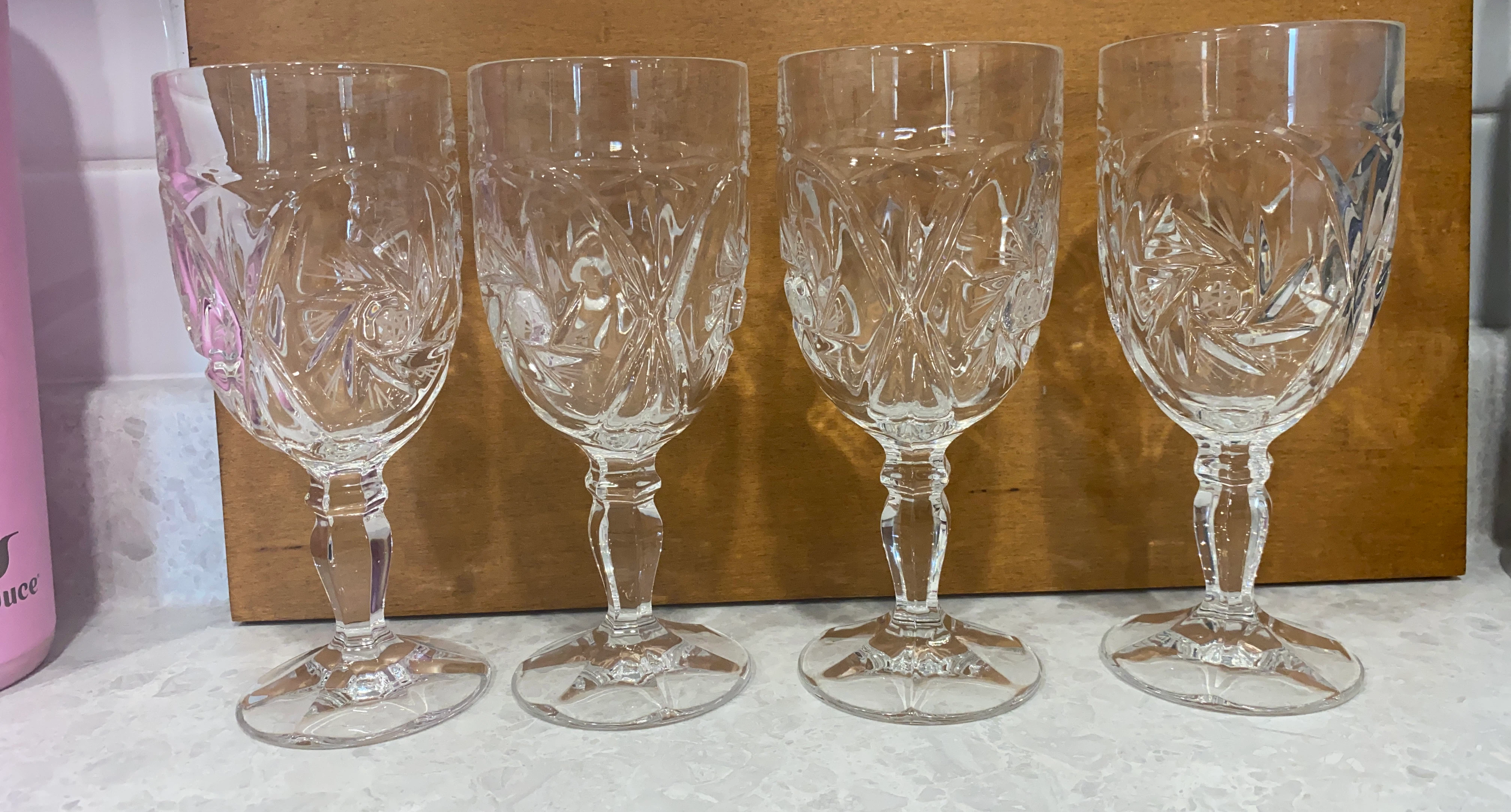 Set of 4 Etched Crystal Wine Glasses