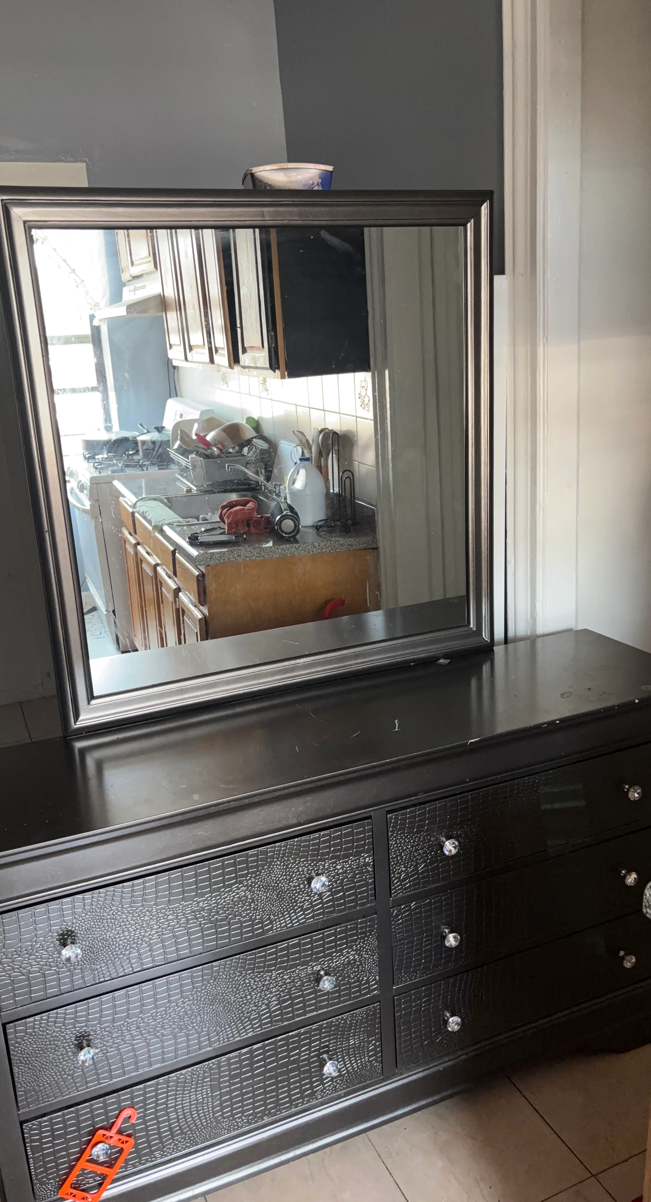 Black Crocodile-Embossed Dresser with Crystal Knobs