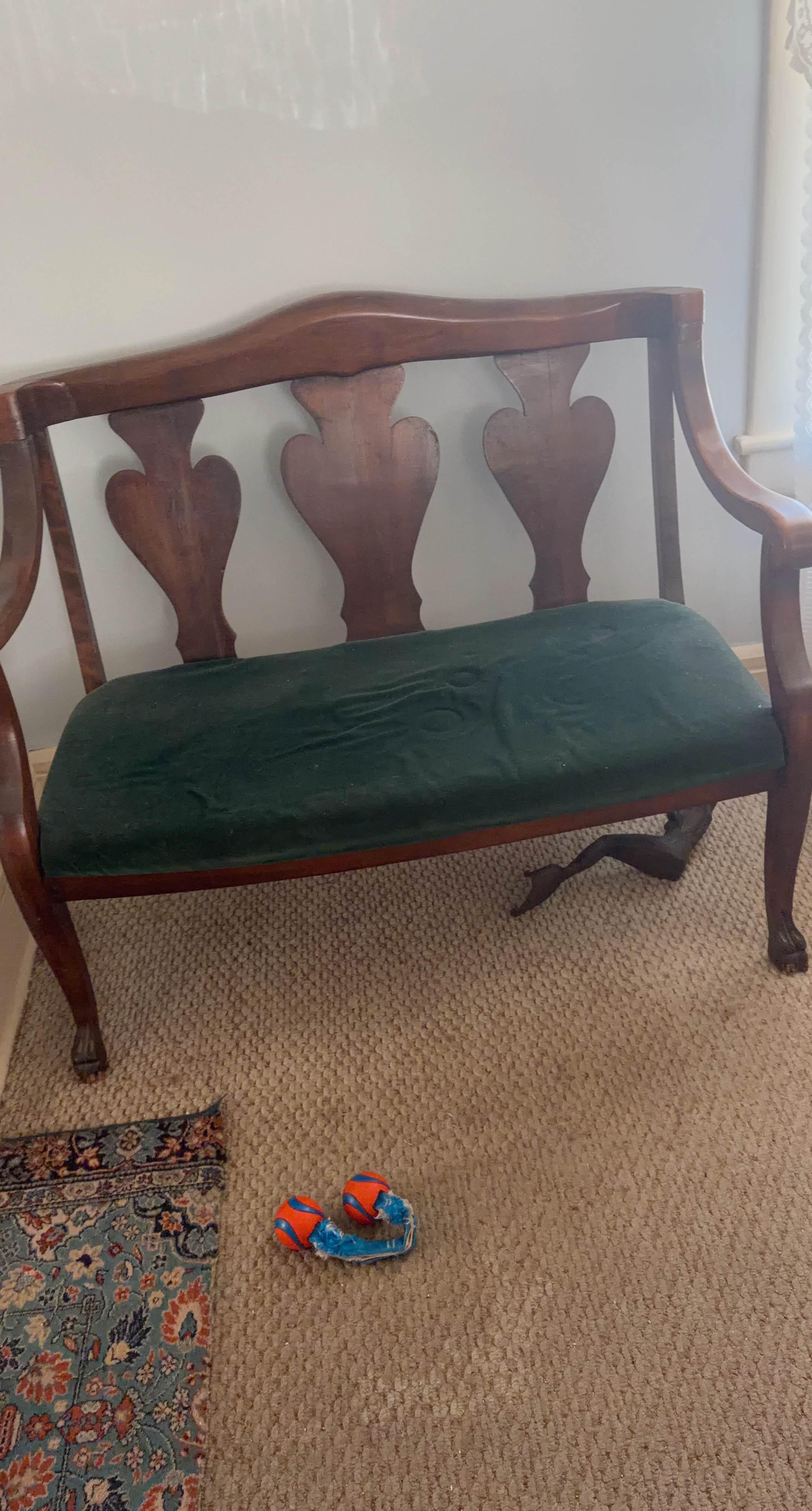 Antique Wooden Bench with Green Upholstery