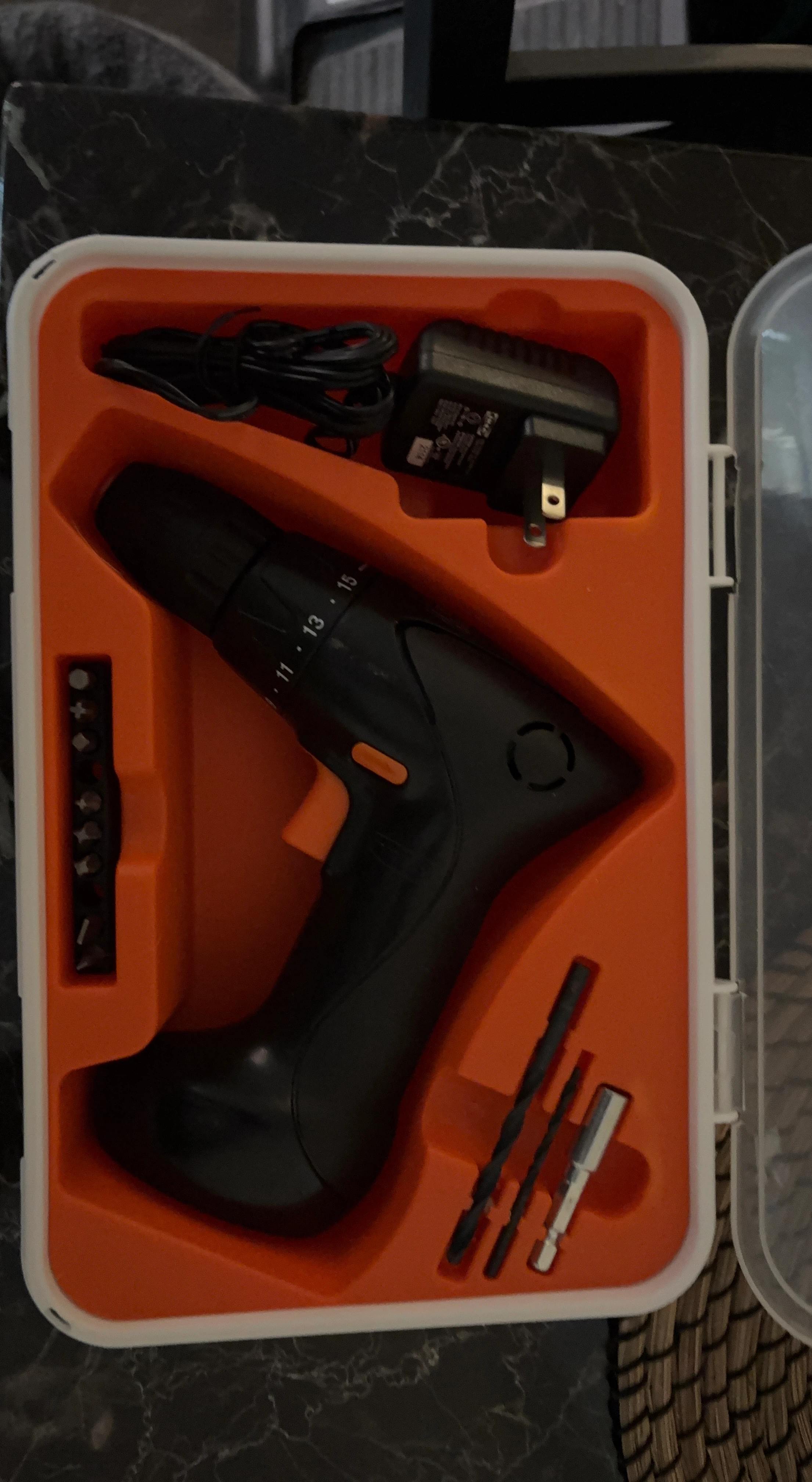 Black Cordless Drill with Charger and Bits