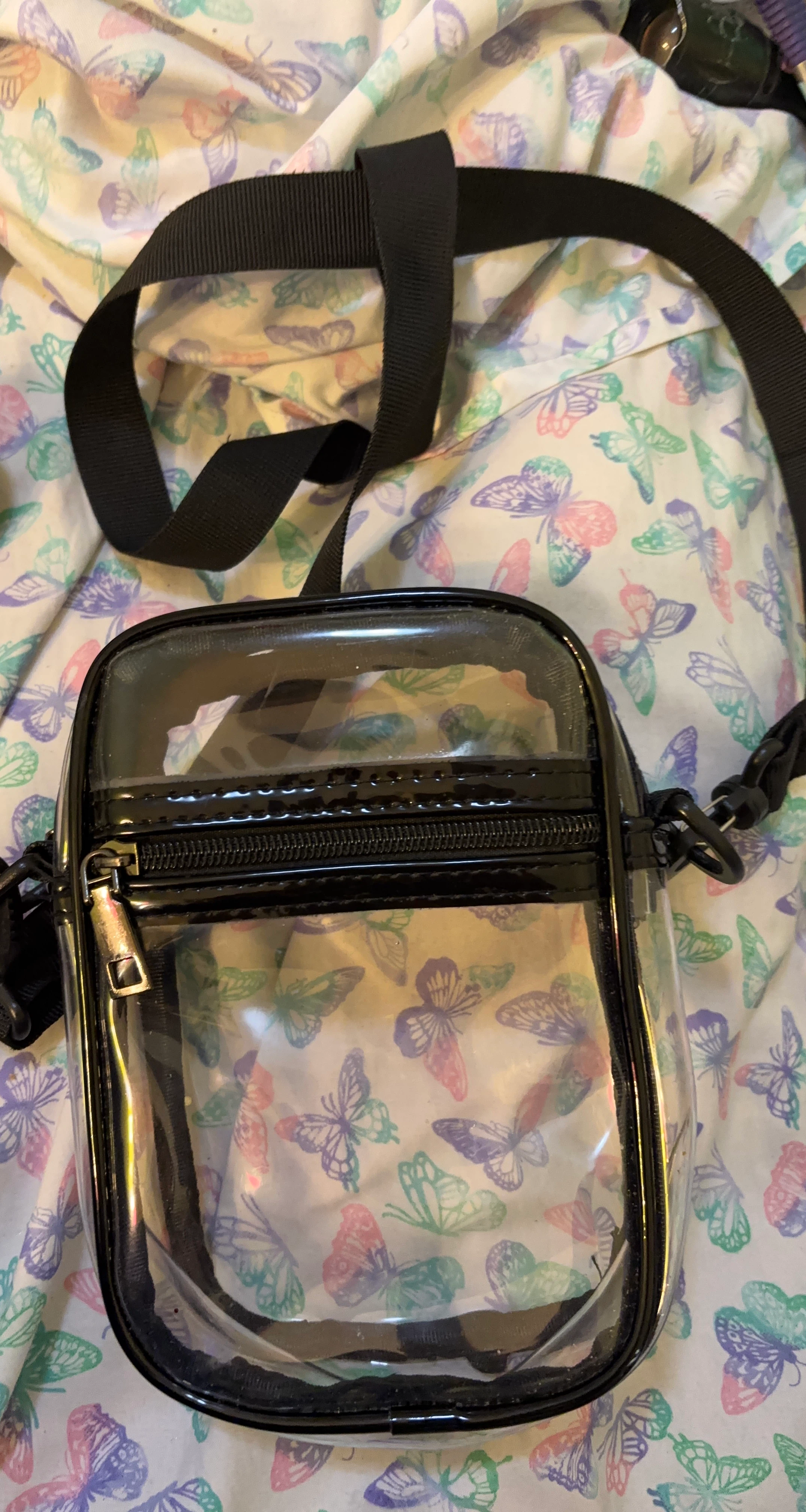 Clear crossbody bag with butterfly print lining