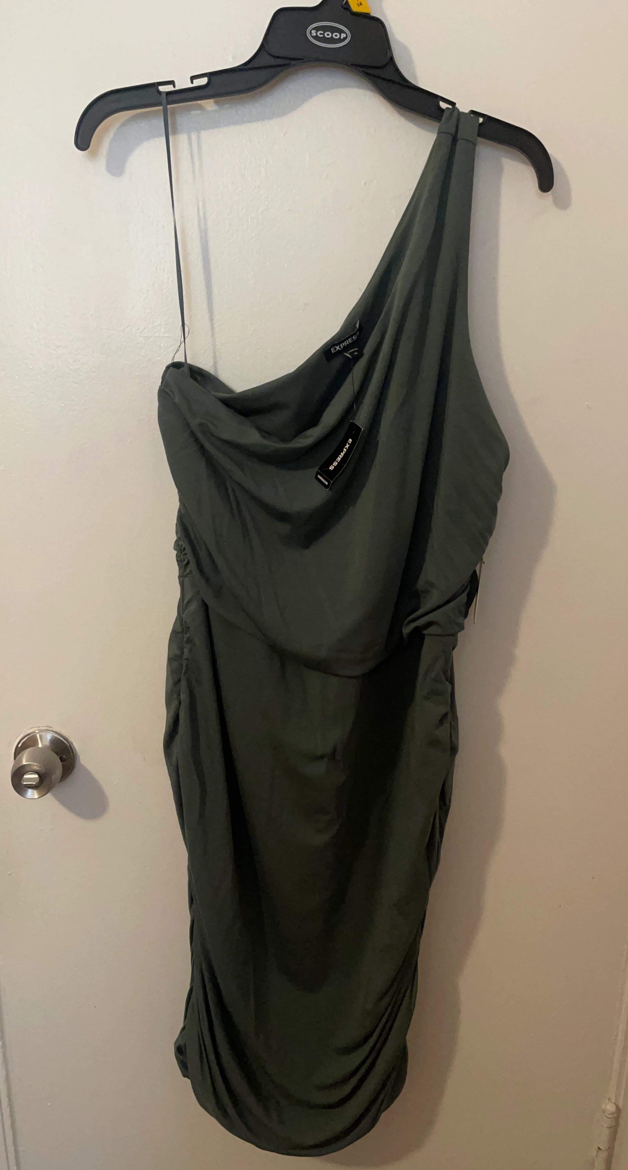 Express One Shoulder Ruched Dress Olive Green