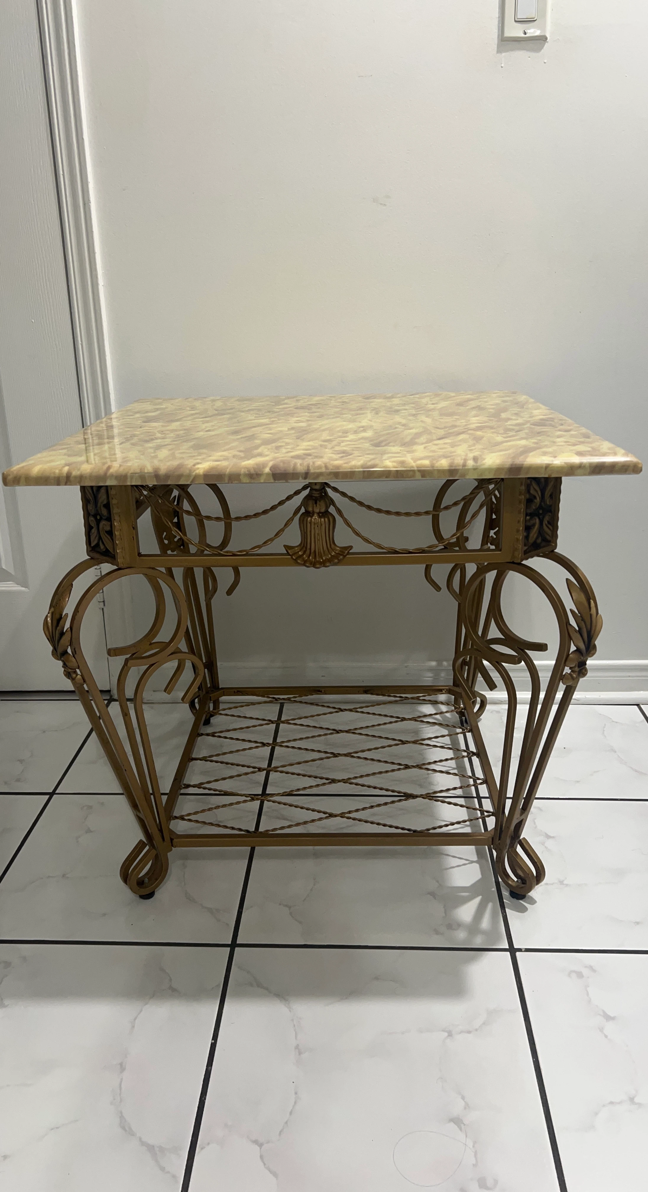 Ornate Gold Metal Side Table with Faux Marble Top