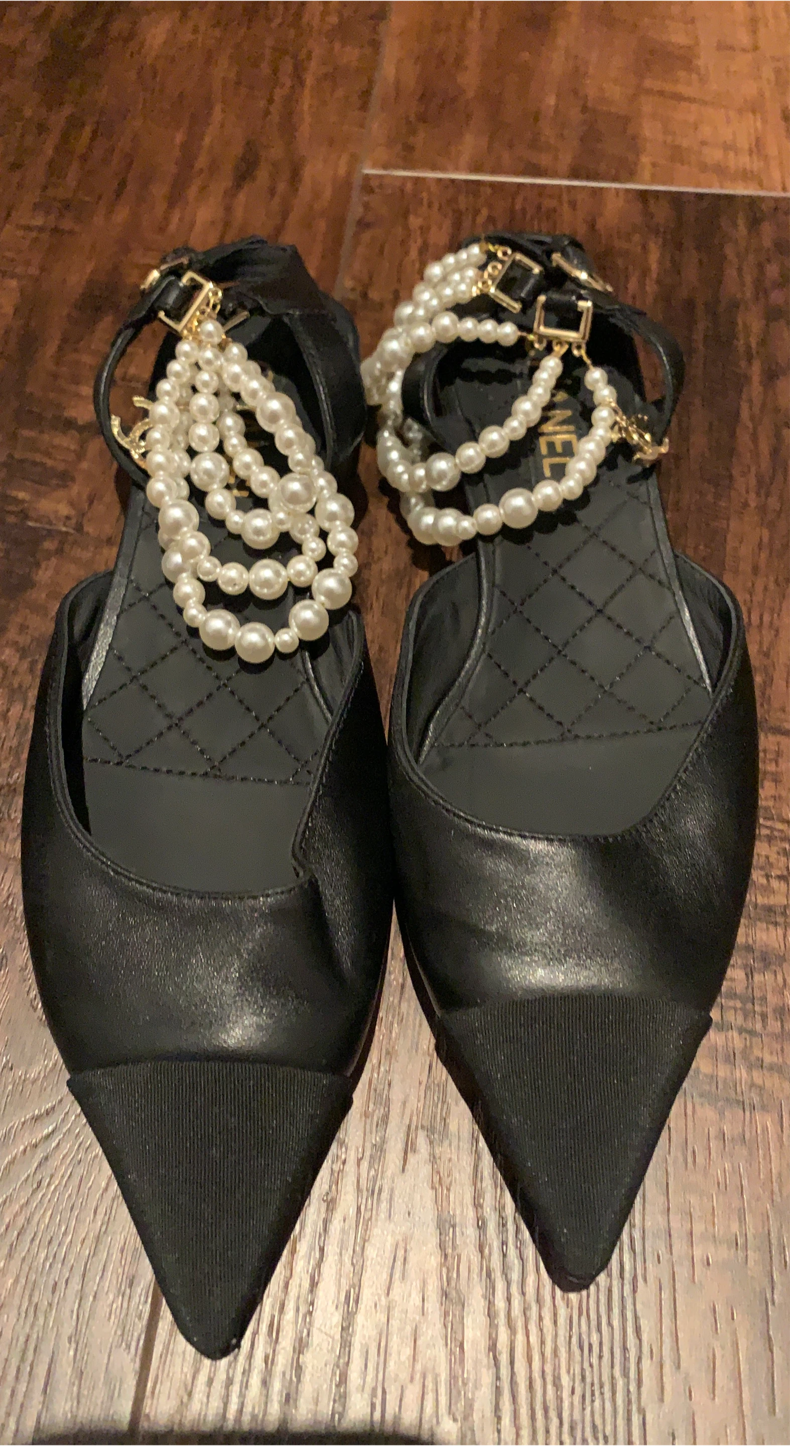 Black Chanel Flats with Pearl Detailing
