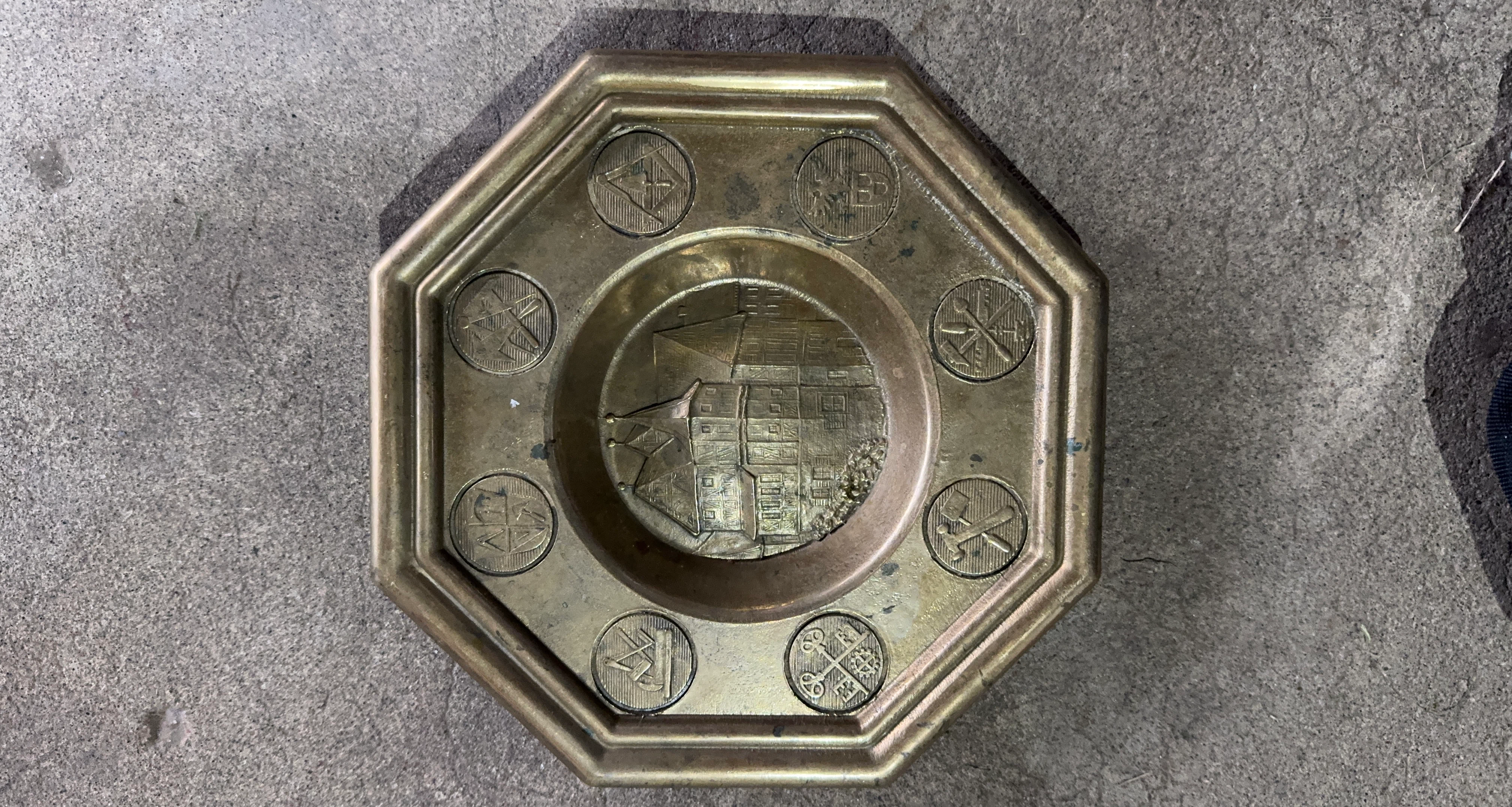 Ornate Brass Octagonal Dish with Building Scene