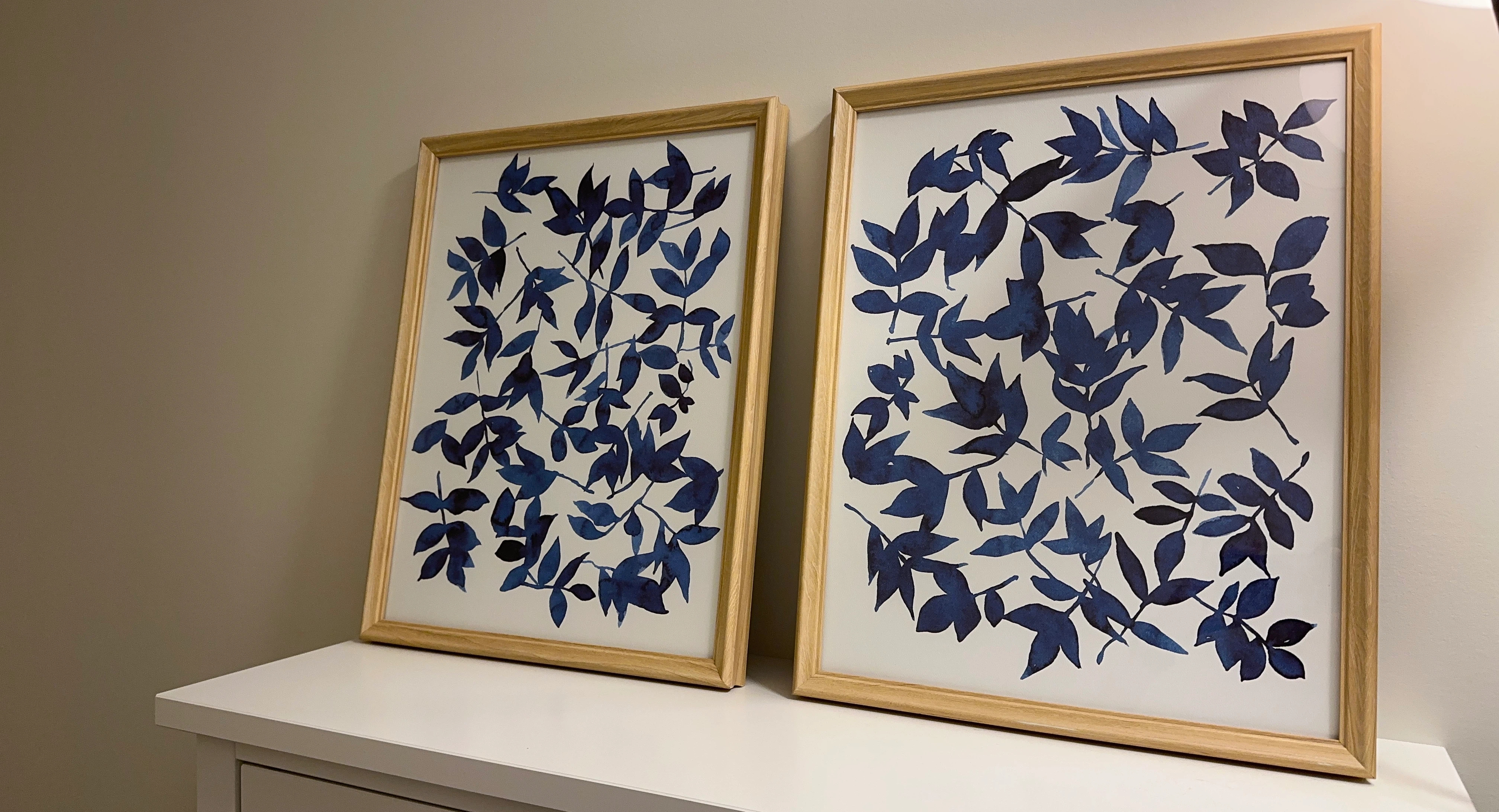 Set of 2 Framed Blue Leaf Wall Art