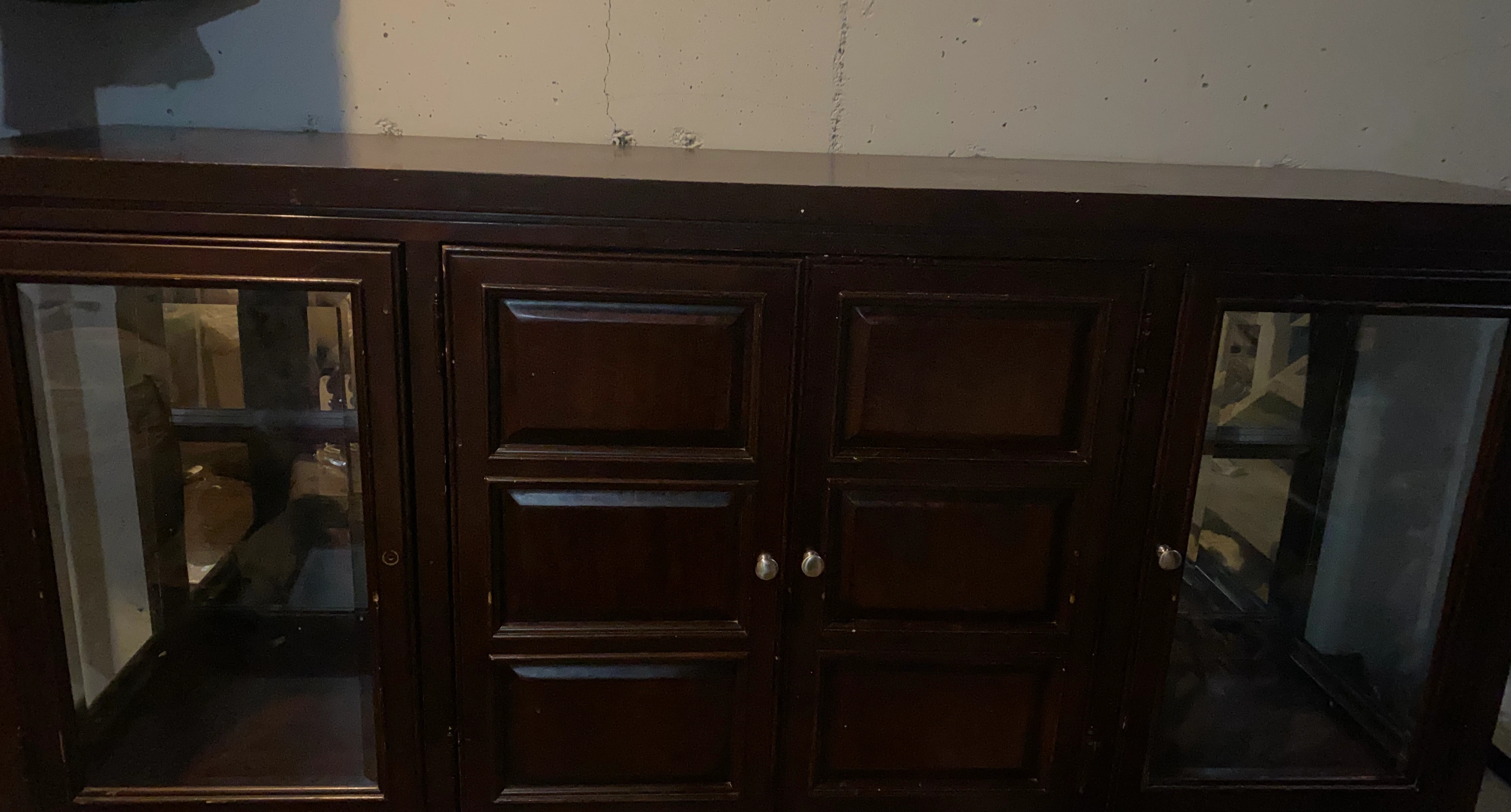 Dark Wood Display Cabinet with Glass Doors and lights up