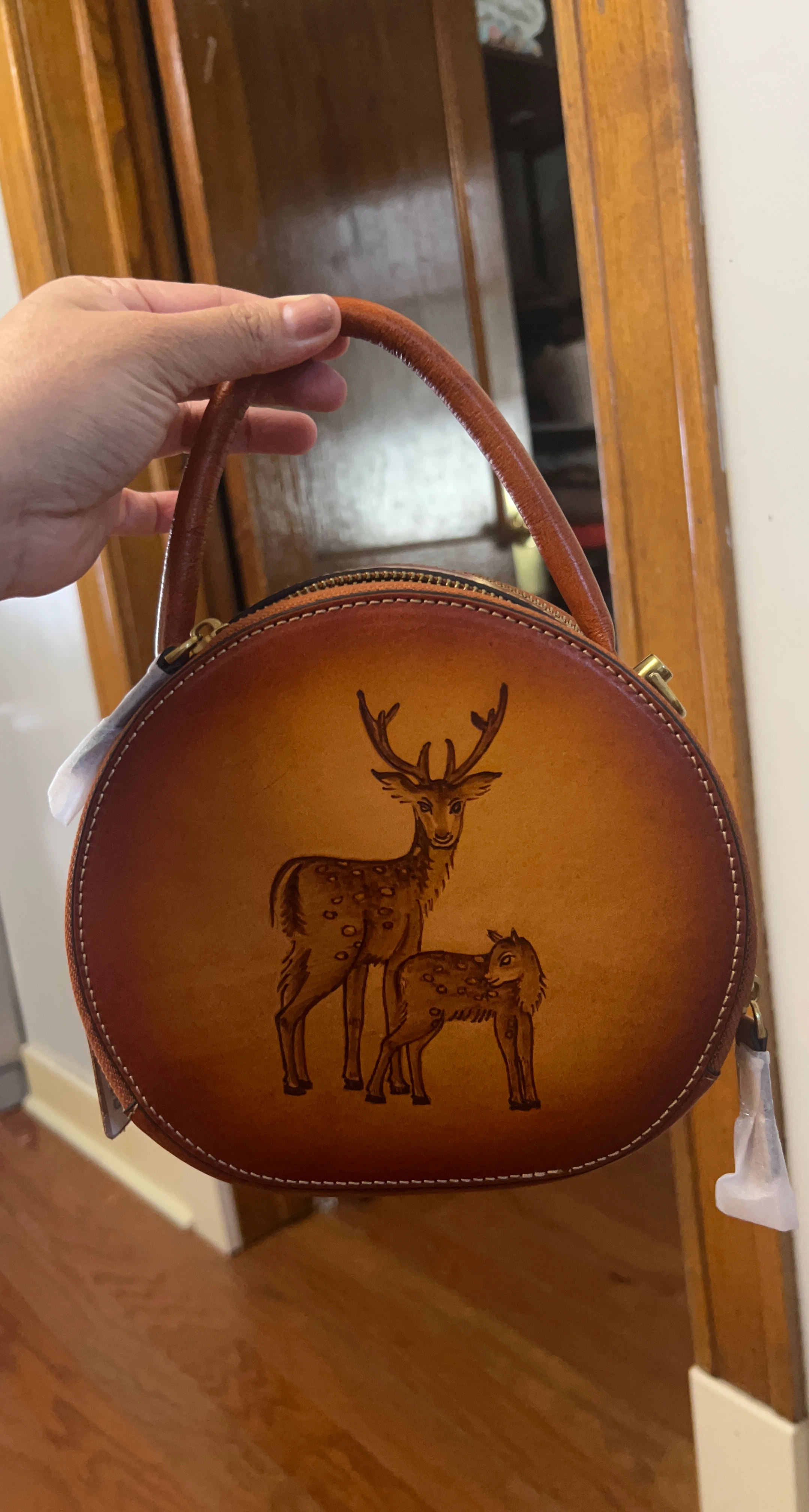 Circular Leather Handbag with Deer Design
