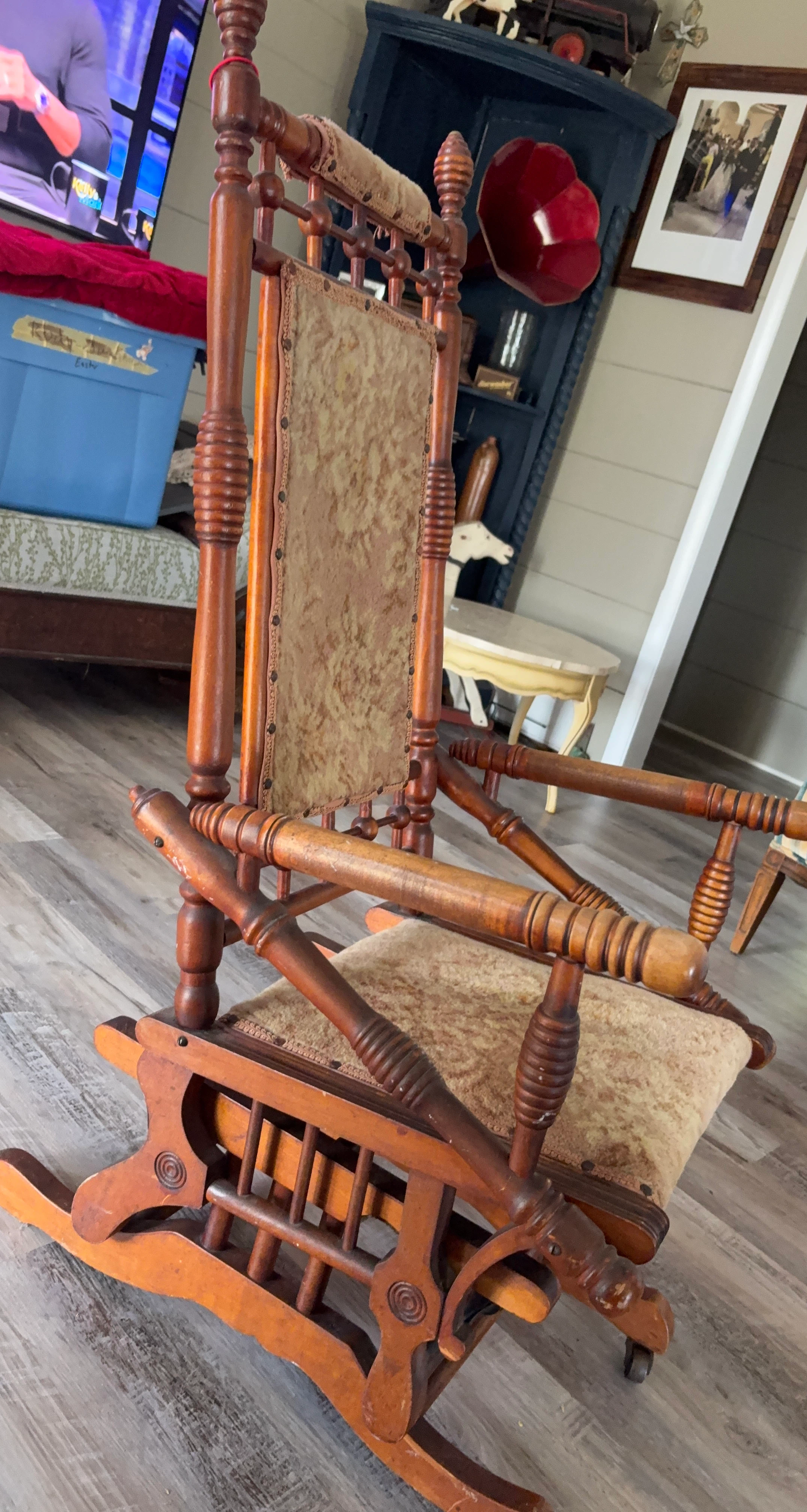 Vintage Wooden Rocking Chair with Upholstered Seat