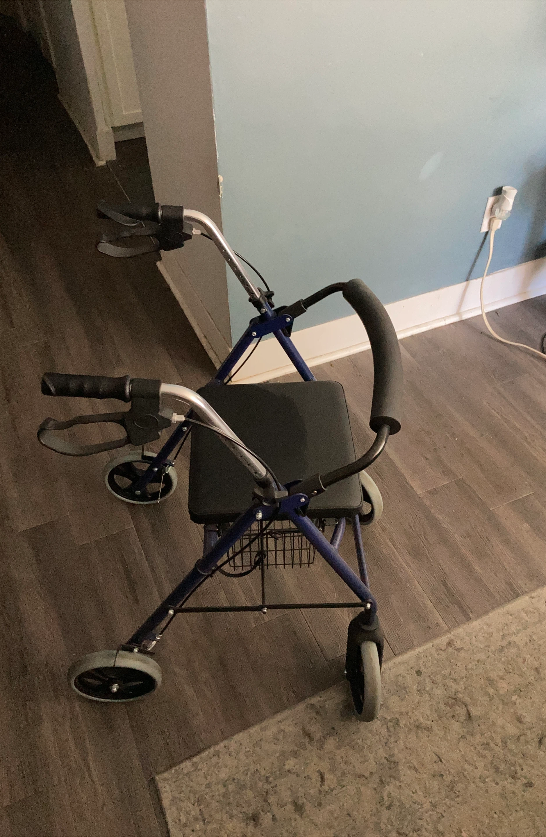 Blue 4-Wheel Walker with Seat and Basket