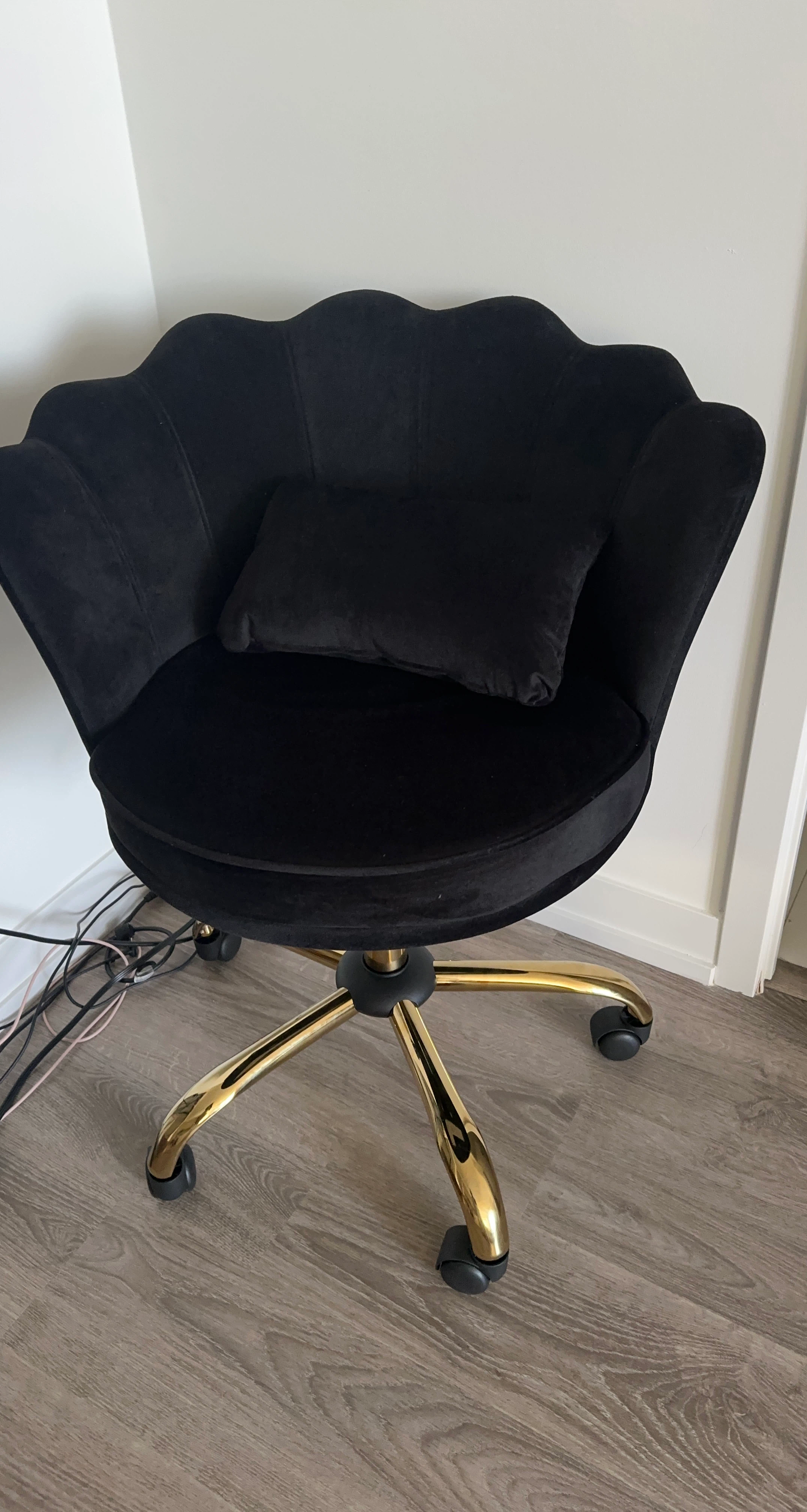 Black Velvet Scalloped Office Chair with Gold Base