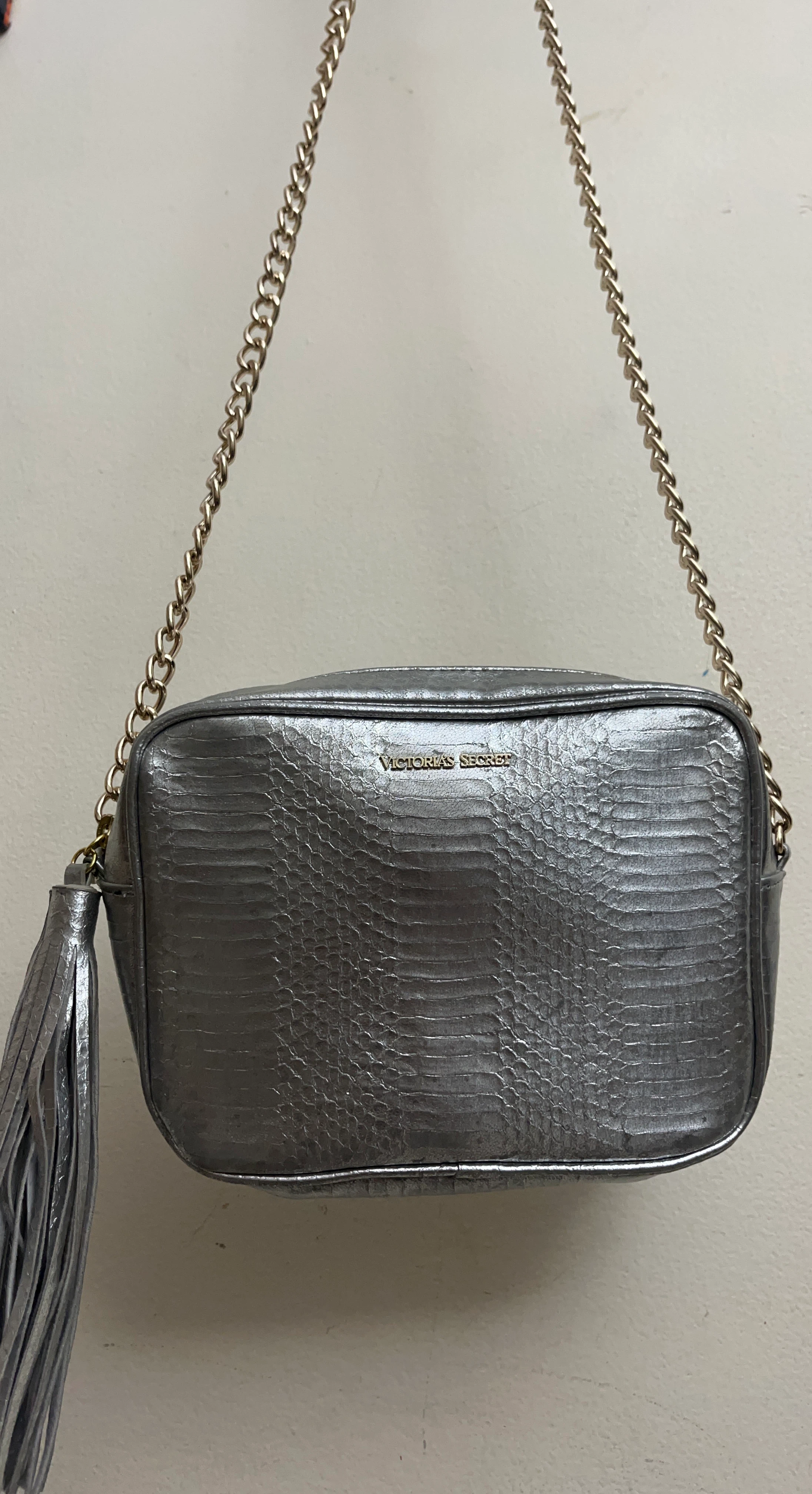 Victoria's Secret Silver Embossed Crossbody Bag with Tassel
