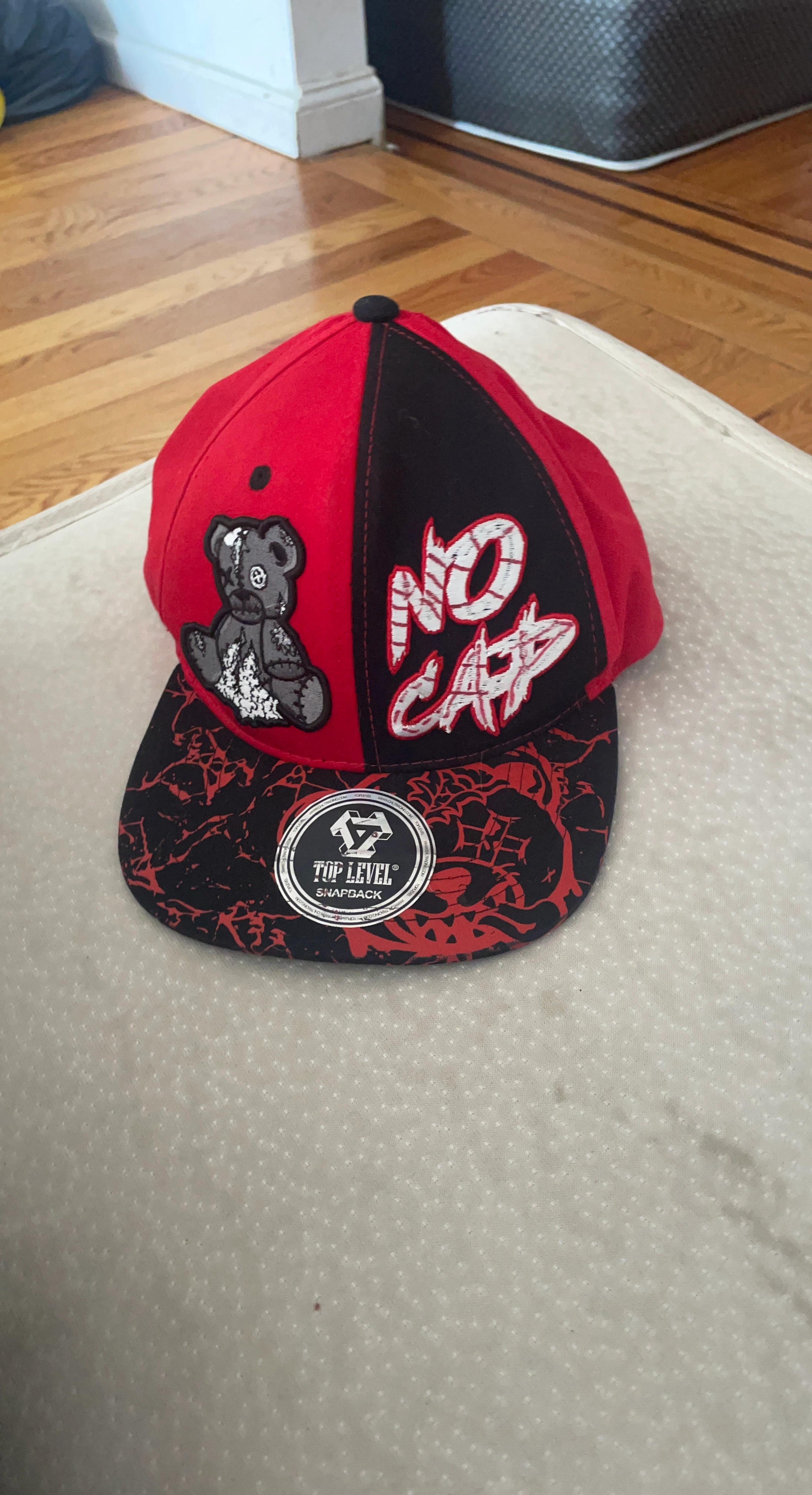 Top Level Snapback Red/Black Teddy Bear & "No Cap" Graphic Hat