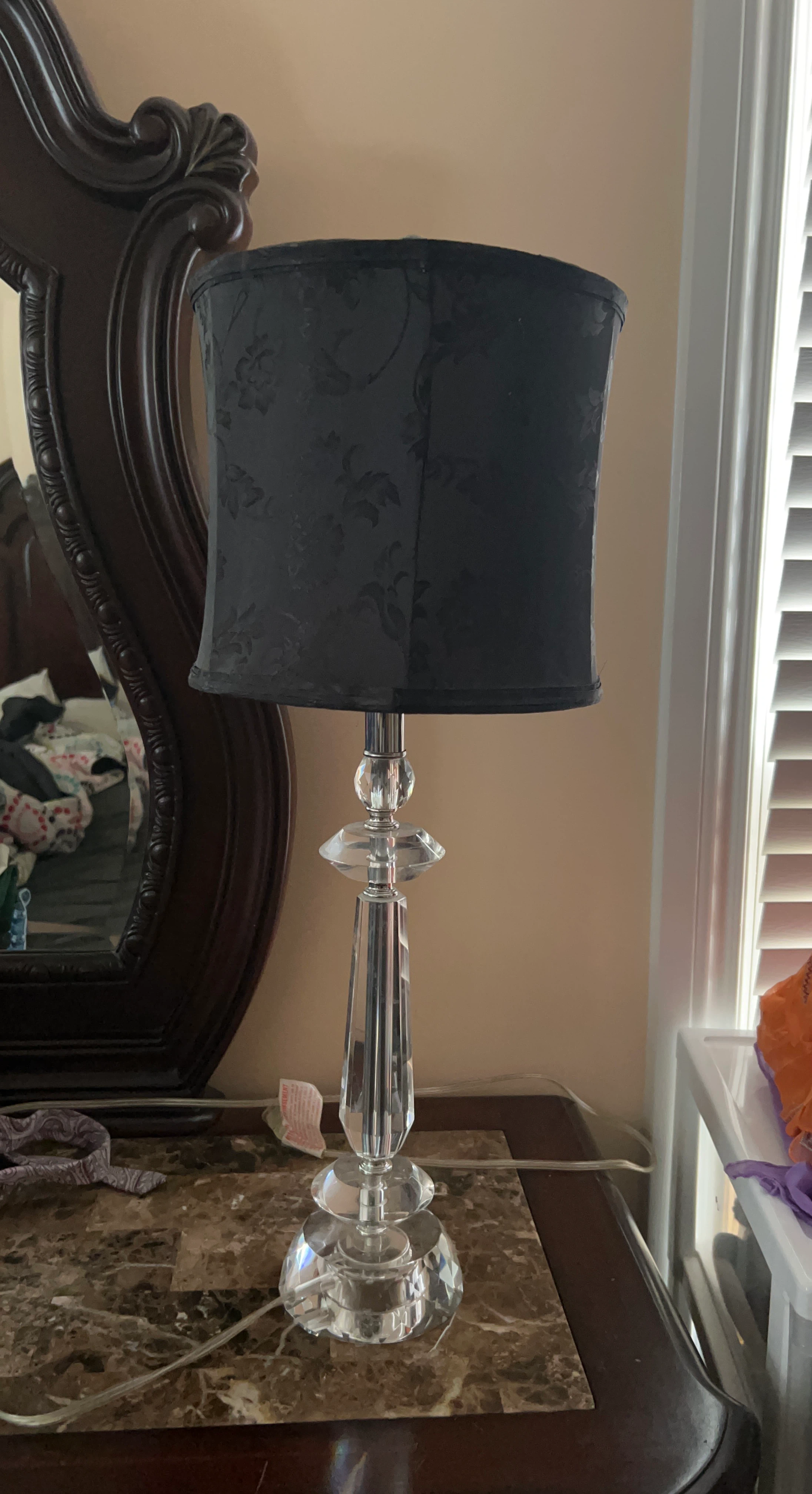 Crystal Table Lamp with Black Damask Shade