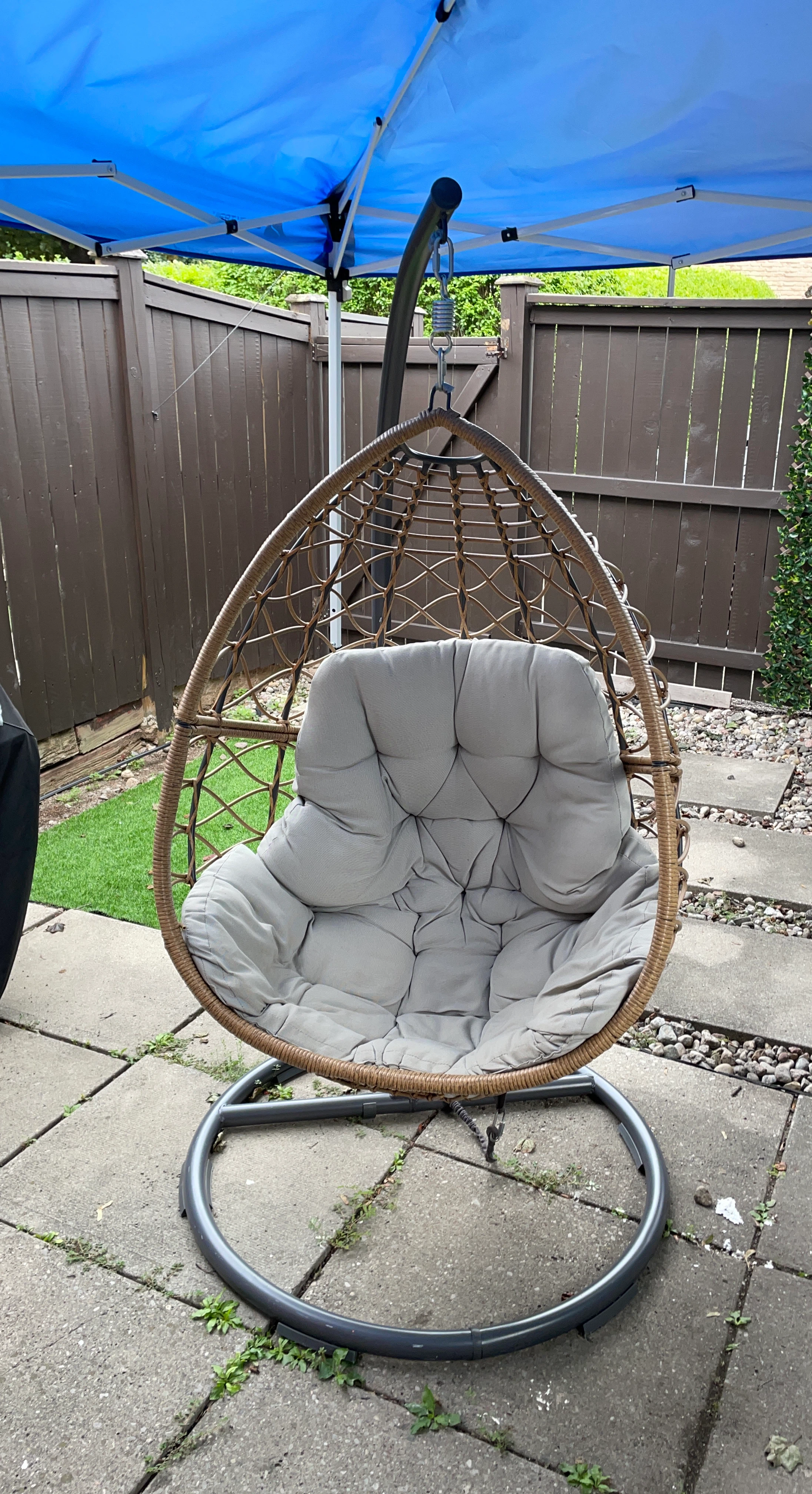 Wicker Hanging Egg Chair with Grey Cushion