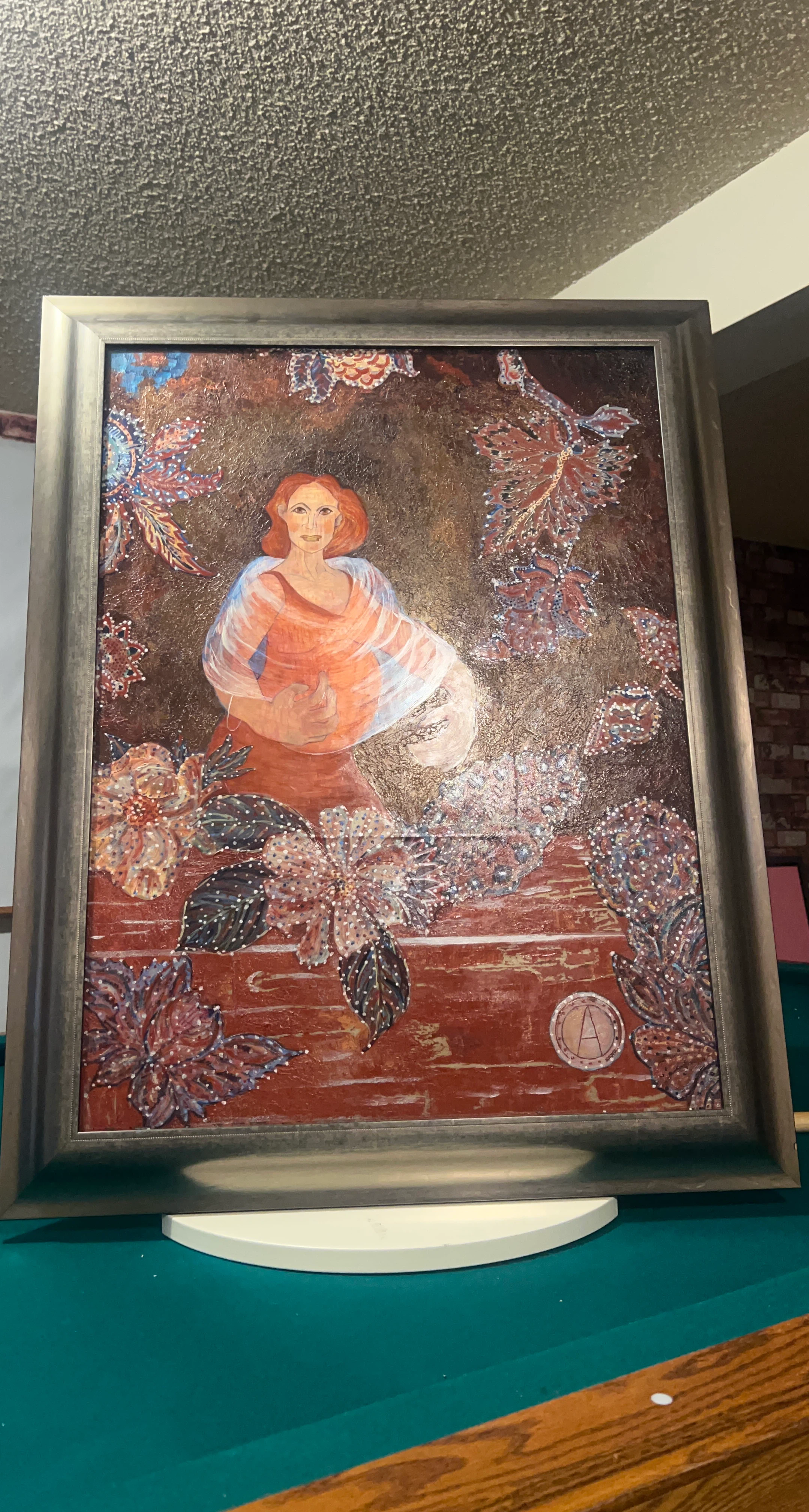 Framed Painting of Woman with Flowers