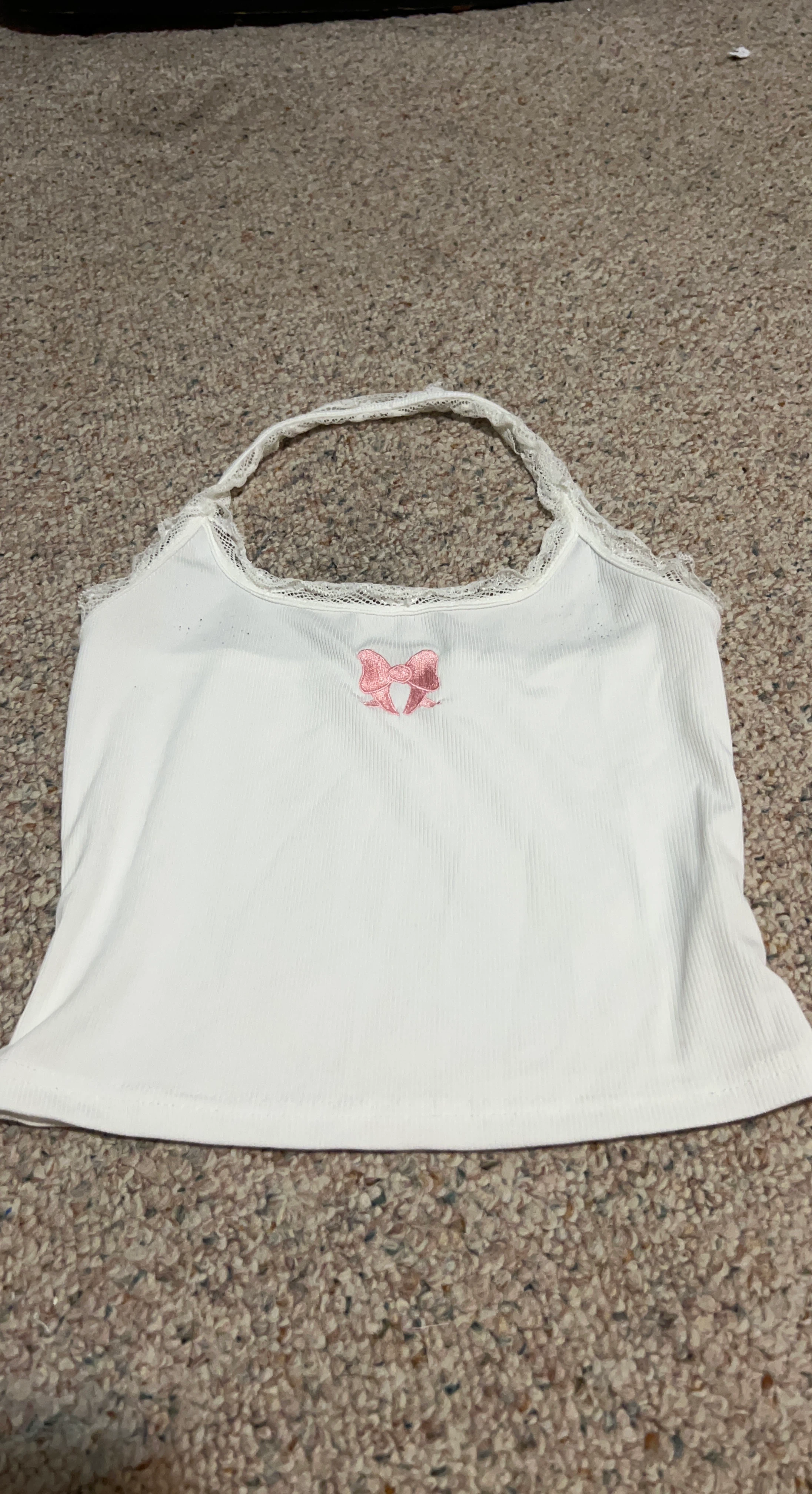 White Ribbed Halter Tank Top with Pink Bow