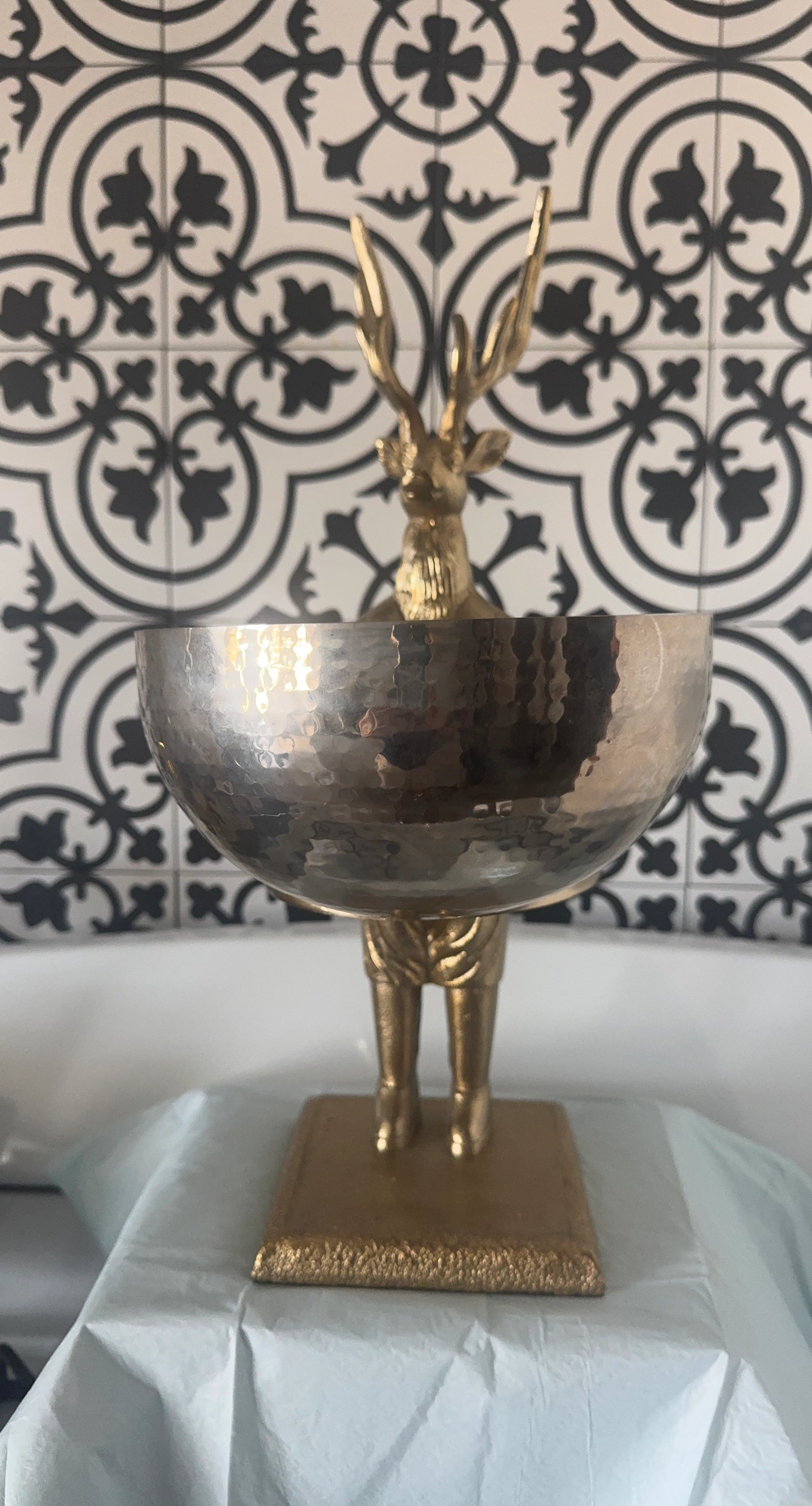 Gold Deer Statue with Hammered Metal Bowl